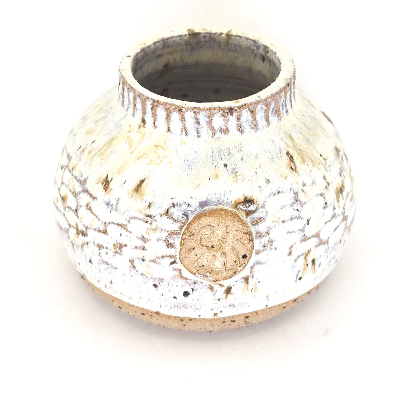 Handmade Ceramic Globe Bud Vase - Speckled Cream Glaze, Toasty Stoneware Pottery (wide neck)