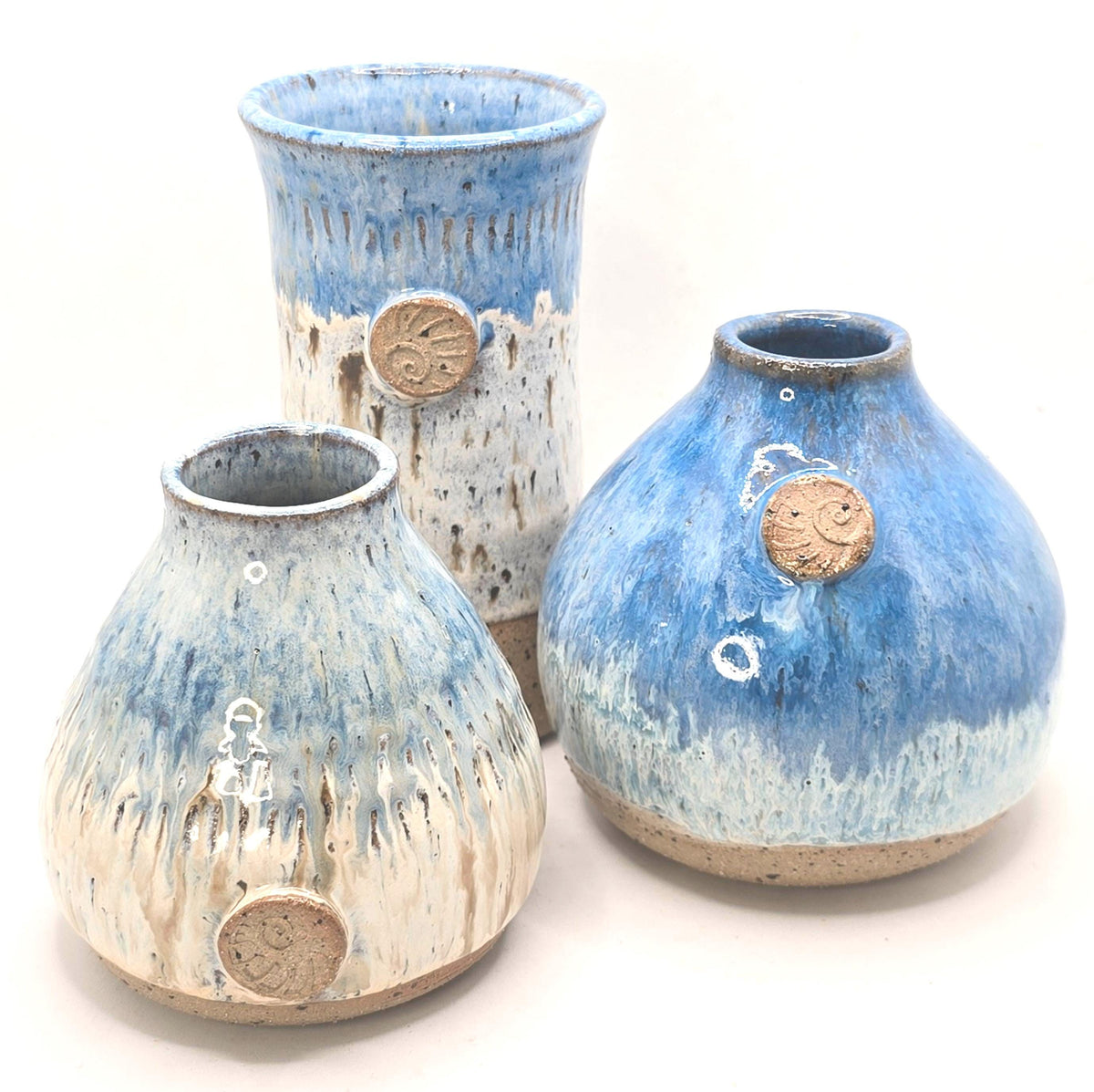 Handmade Ceramic Churn Vase. Speckled Blue & Cream Glaze. Toasty Speckled Stoneware Pottery