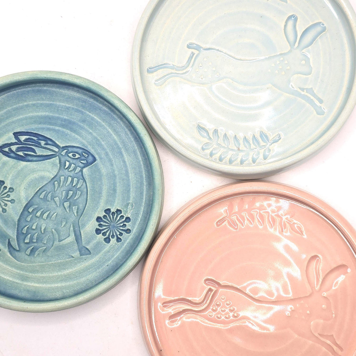 Handmade Ceramic Rabbit Folk Design Trinket Dish, Green Satin Verdigris Glaze, White Stoneware Pottery