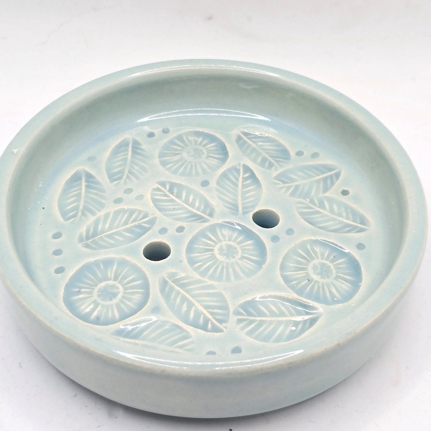 Handmade Ceramic Round Daisy Soap Dish. Pretty Pale Blue Glaze. Stoneware Pottery
