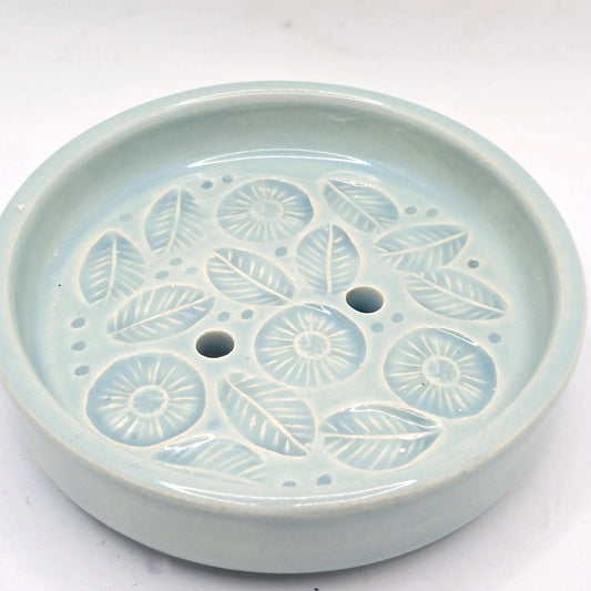Handmade Ceramic Round Daisy Soap Dish. Pretty Pale Blue Glaze. Stoneware Pottery
