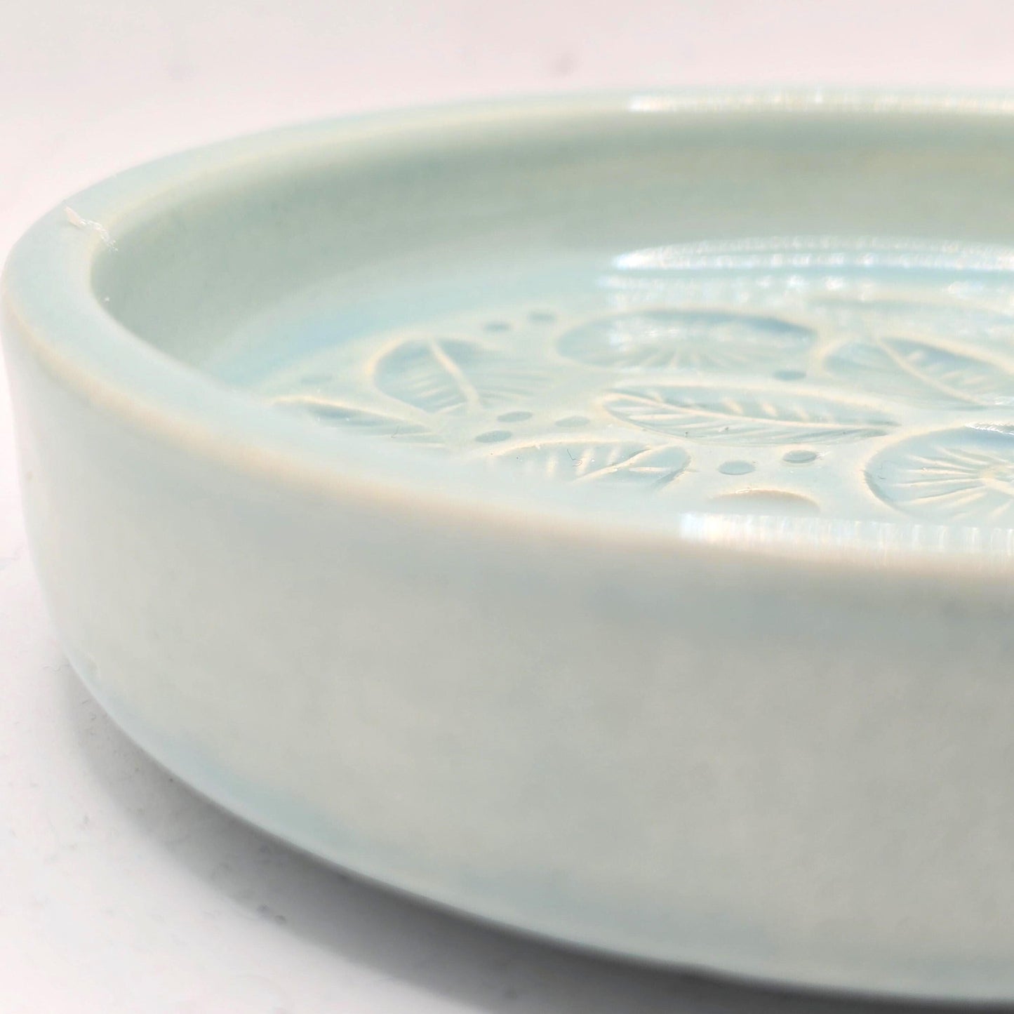 Handmade Ceramic Round Daisy Soap Dish. Pretty Pale Blue Glaze. Stoneware Pottery