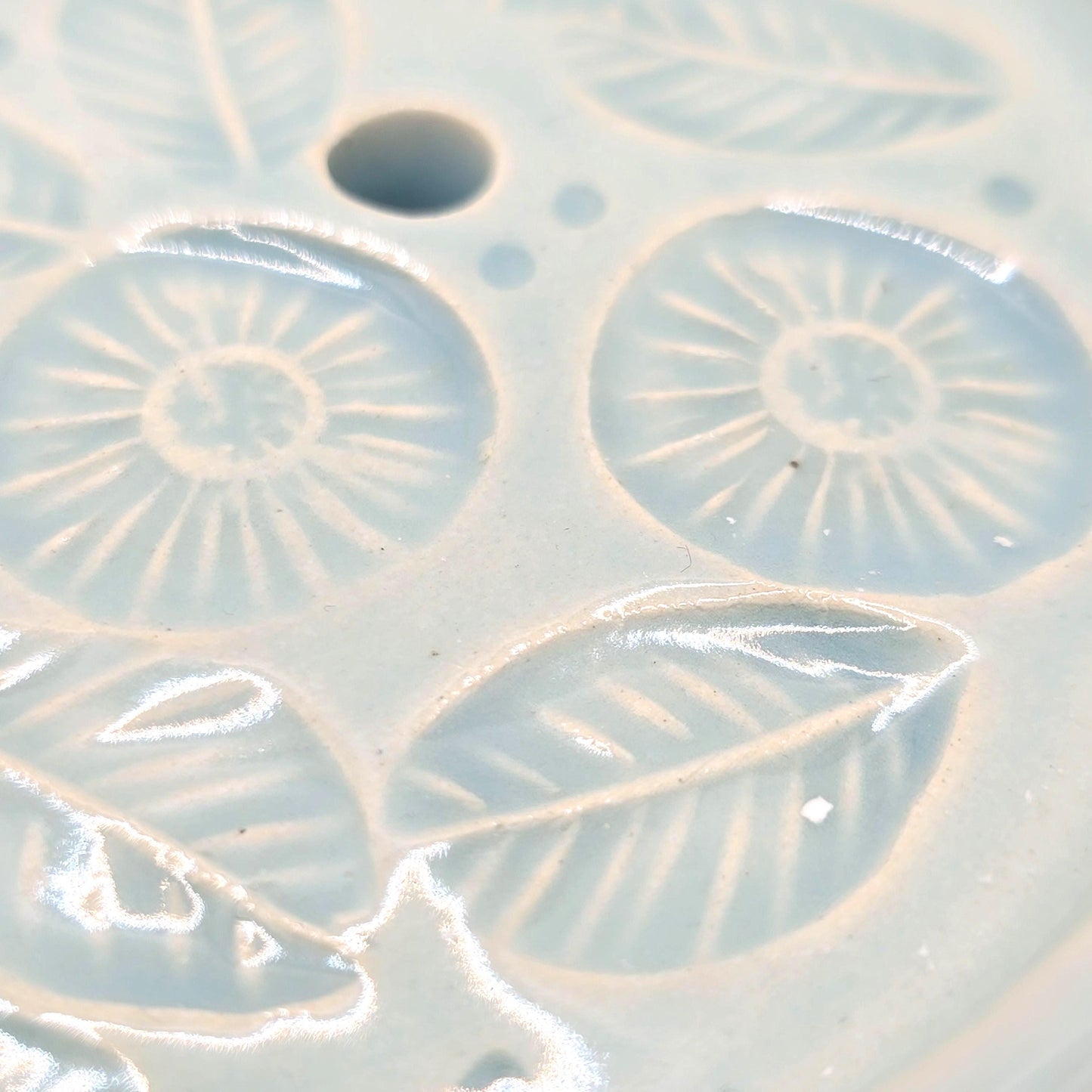 Handmade Ceramic Round Daisy Soap Dish. Pretty Pale Blue Glaze. Stoneware Pottery