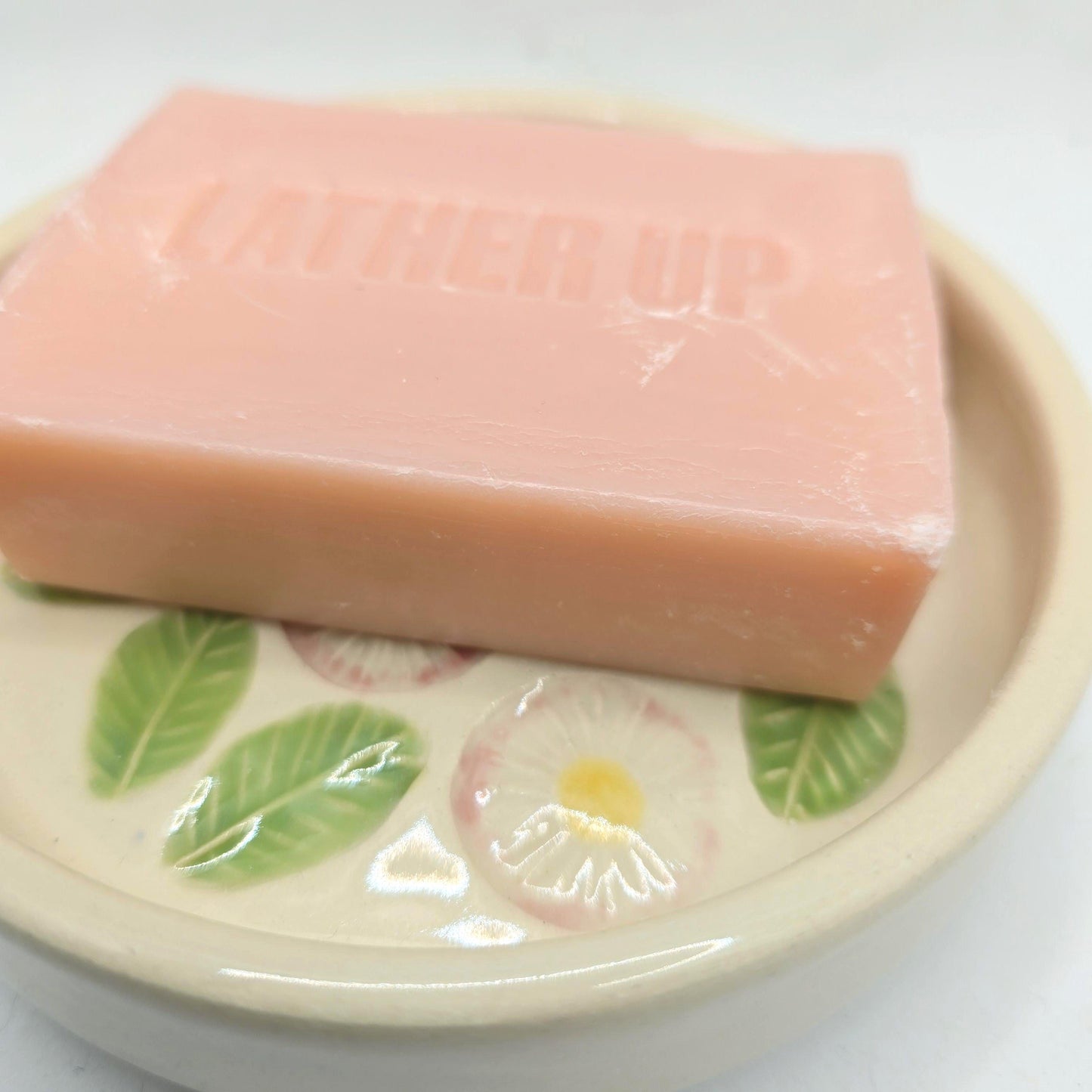 Handmade Ceramic Round Daisy Soap Dish.  Green Pink and Yellow Glaze. Stoneware Pottery