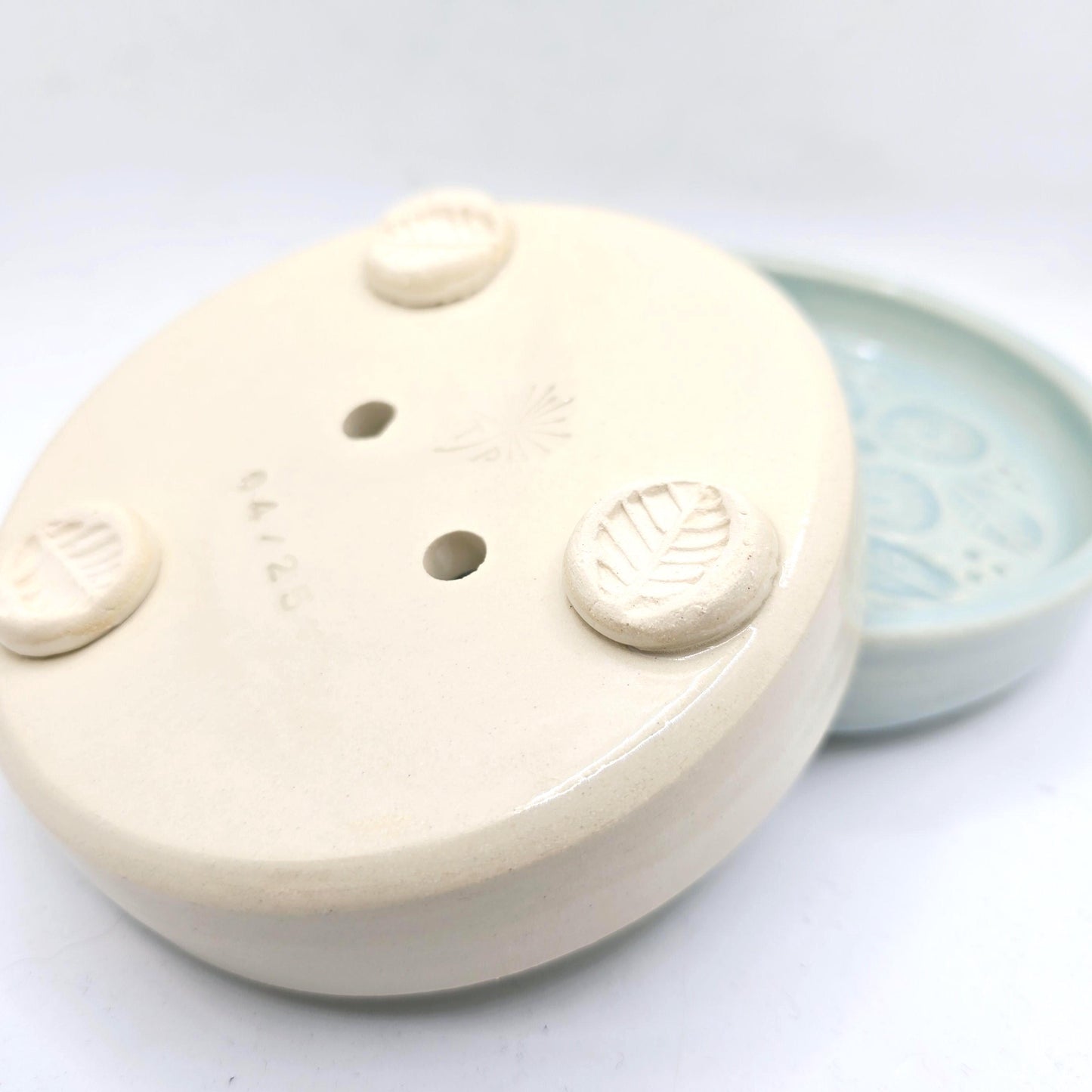Handmade Ceramic Round Daisy Soap Dish.  Green Pink and Yellow Glaze. Stoneware Pottery