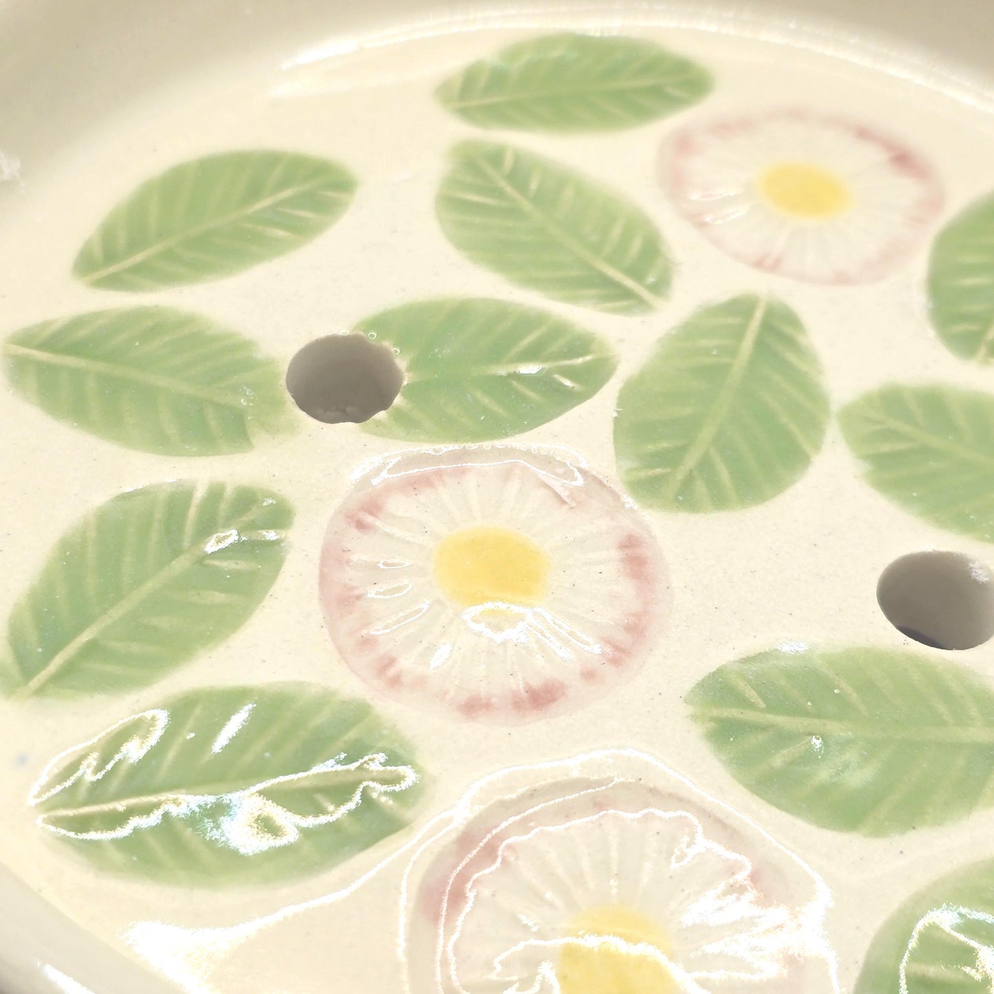 Handmade Ceramic Round Daisy Soap Dish.  Green Pink and Yellow Glaze. Stoneware Pottery