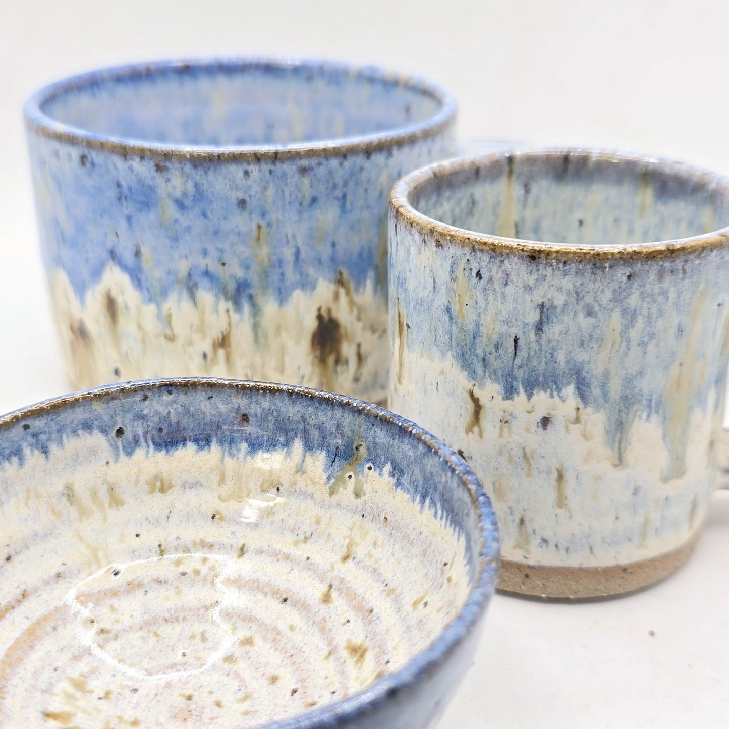 Handmade Ceramic Short 8oz Tea / Coffee Mug. Cream & Blue Speckle Glaze. Toasty Stoneware Pottery.