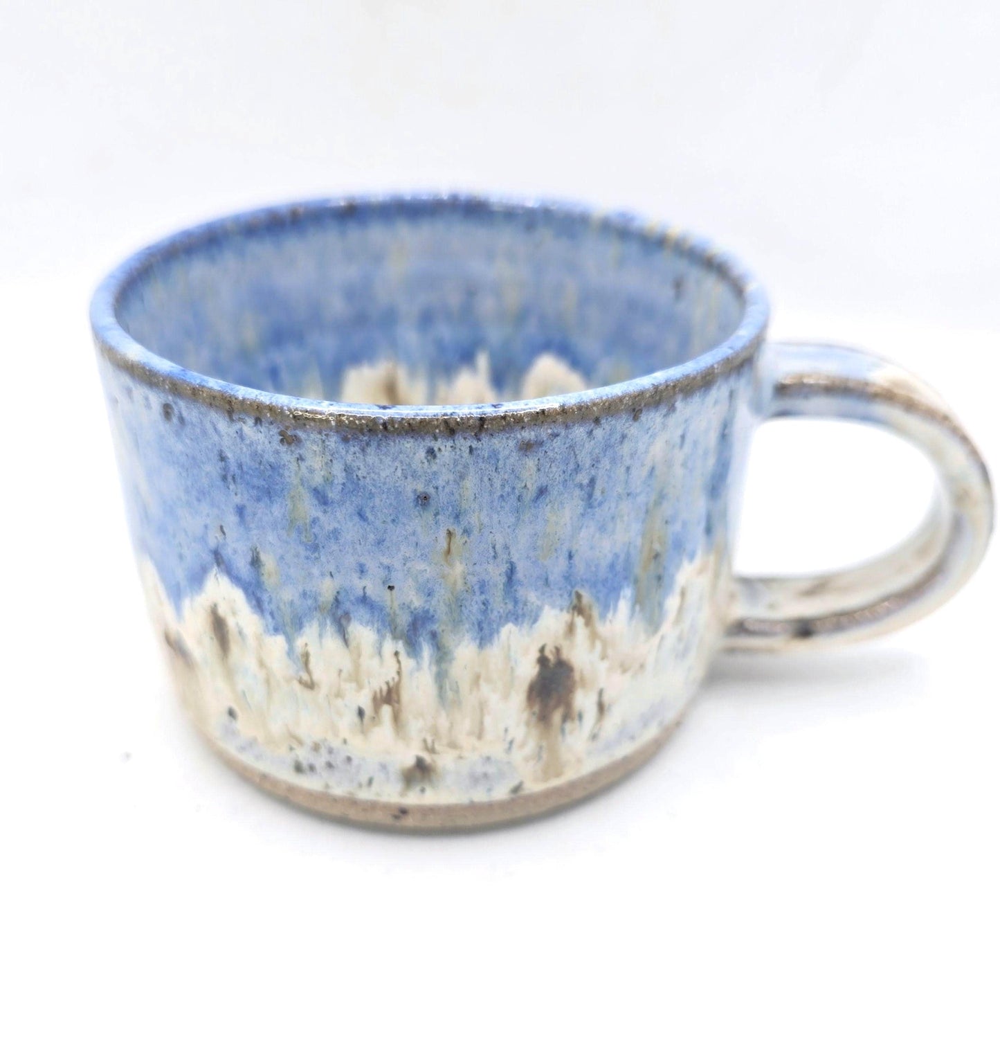 Handmade Ceramic Short 8oz Tea / Coffee Mug. Cream & Blue Speckle Glaze. Toasty Stoneware Pottery.