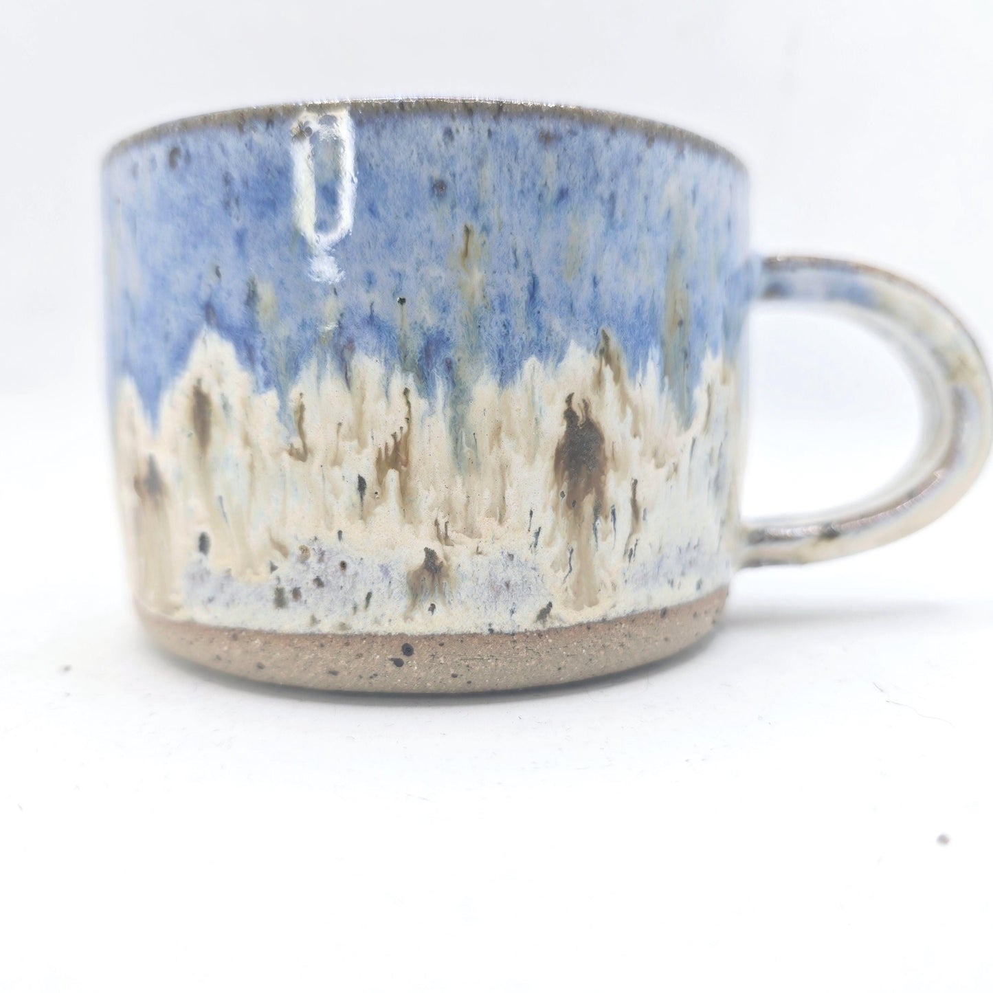 Handmade Ceramic Short 8oz Tea / Coffee Mug. Cream & Blue Speckle Glaze. Toasty Stoneware Pottery.