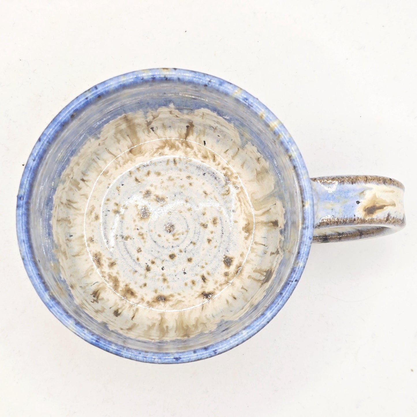 Handmade Ceramic Short 8oz Tea / Coffee Mug. Cream & Blue Speckle Glaze. Toasty Stoneware Pottery.