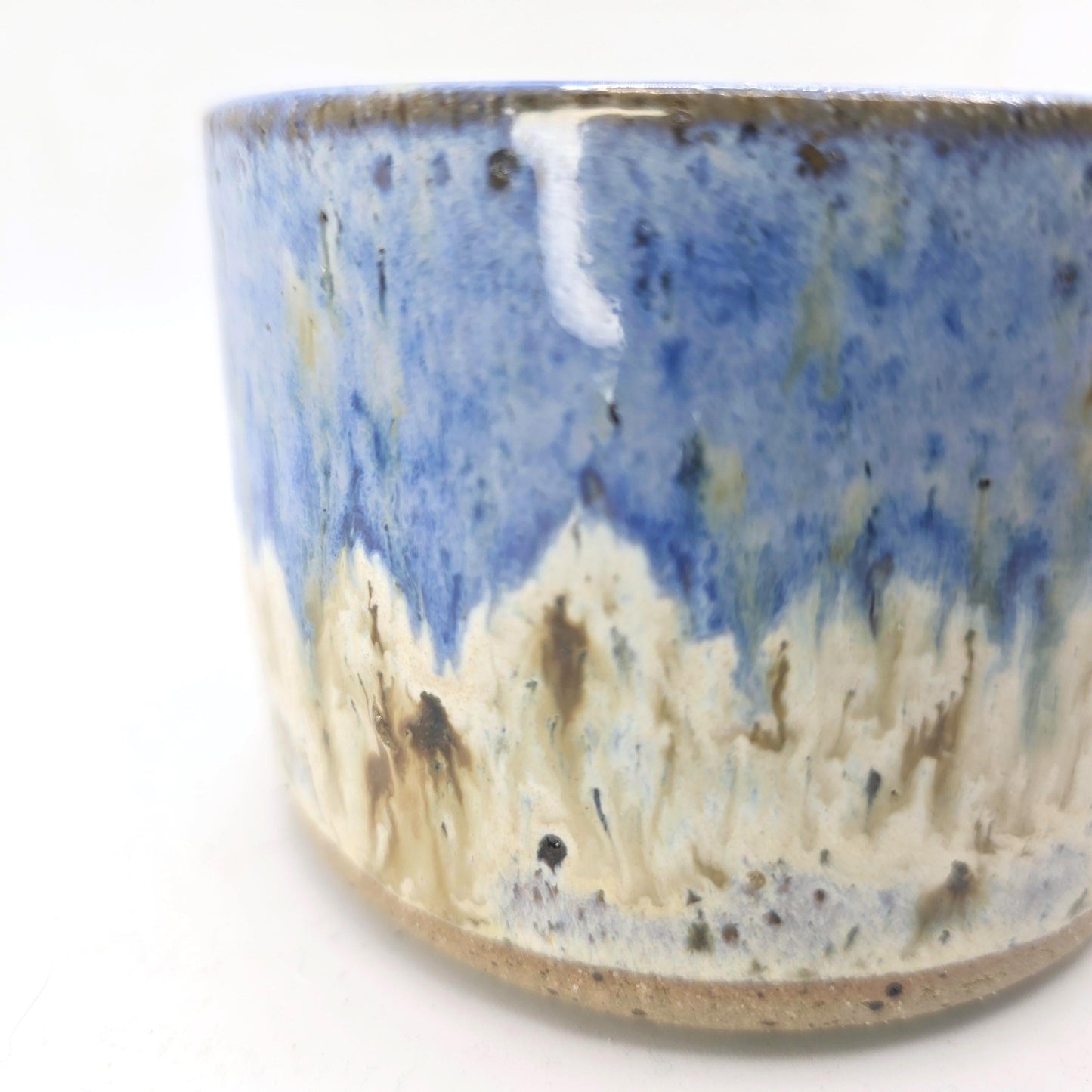 Handmade Ceramic Short 8oz Tea / Coffee Mug. Cream & Blue Speckle Glaze. Toasty Stoneware Pottery.