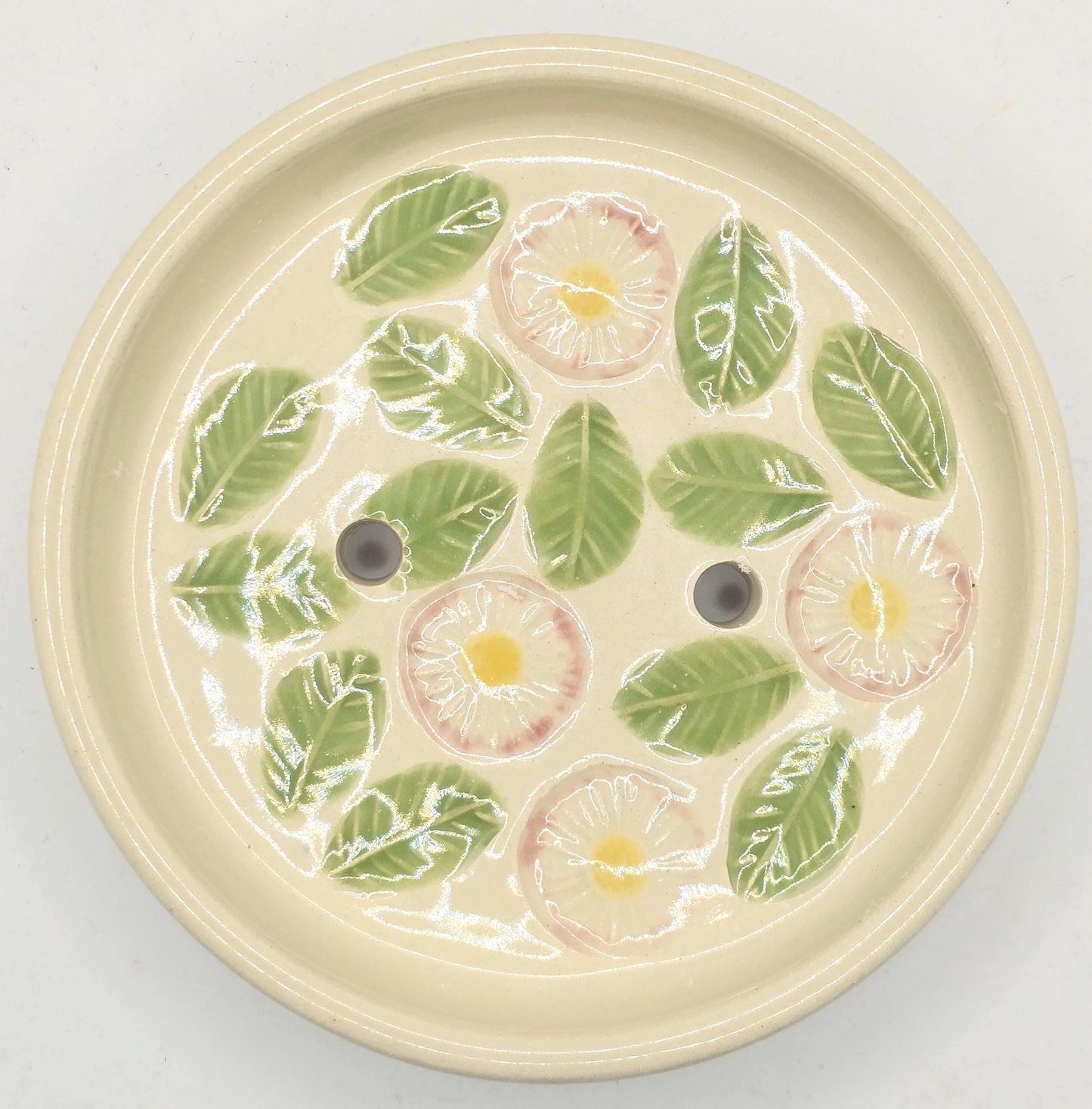 Handmade Ceramic Round Daisy Soap Dish.  Green Pink and Yellow Glaze. Stoneware Pottery