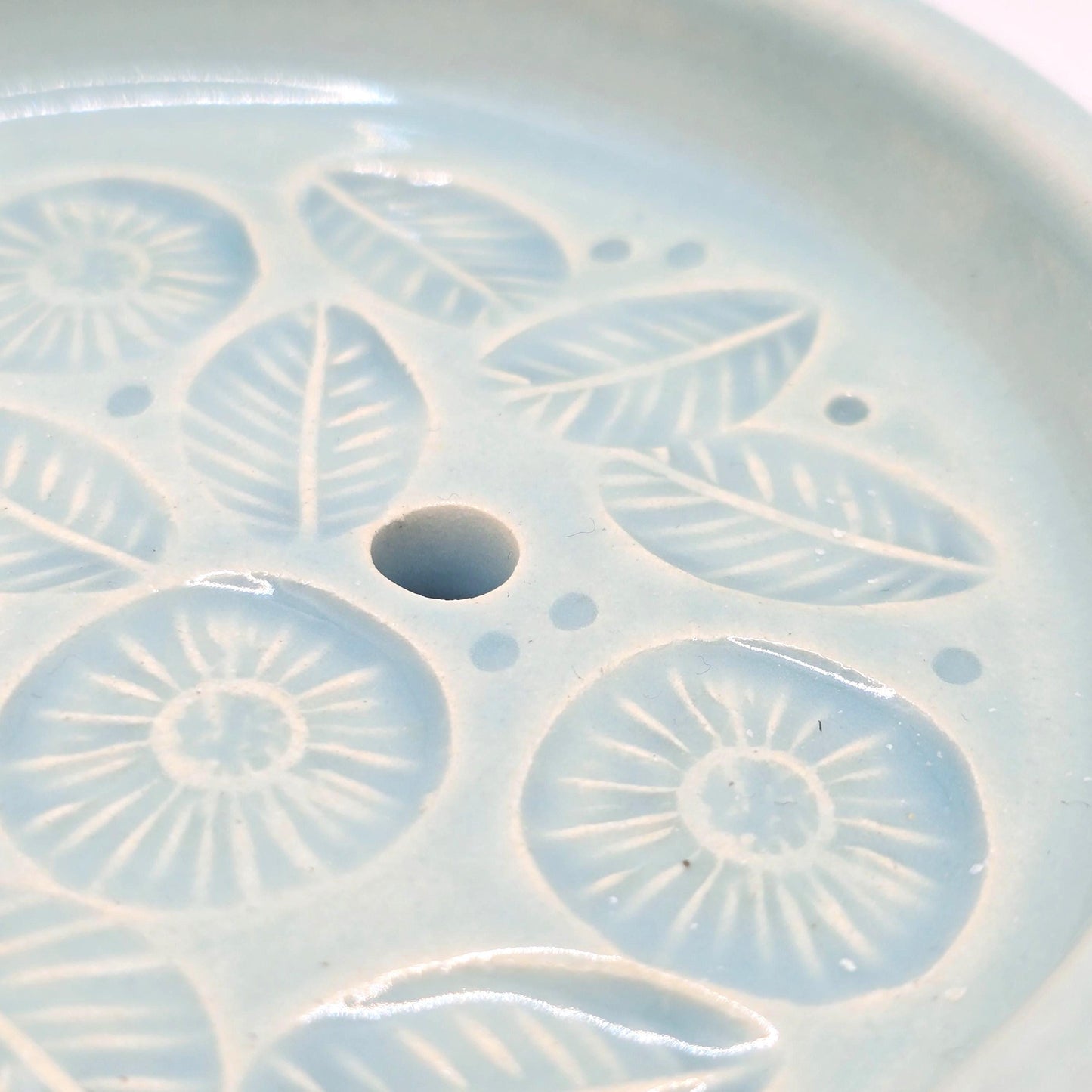Handmade Ceramic Round Daisy Soap Dish. Pretty Pale Blue Glaze. Stoneware Pottery
