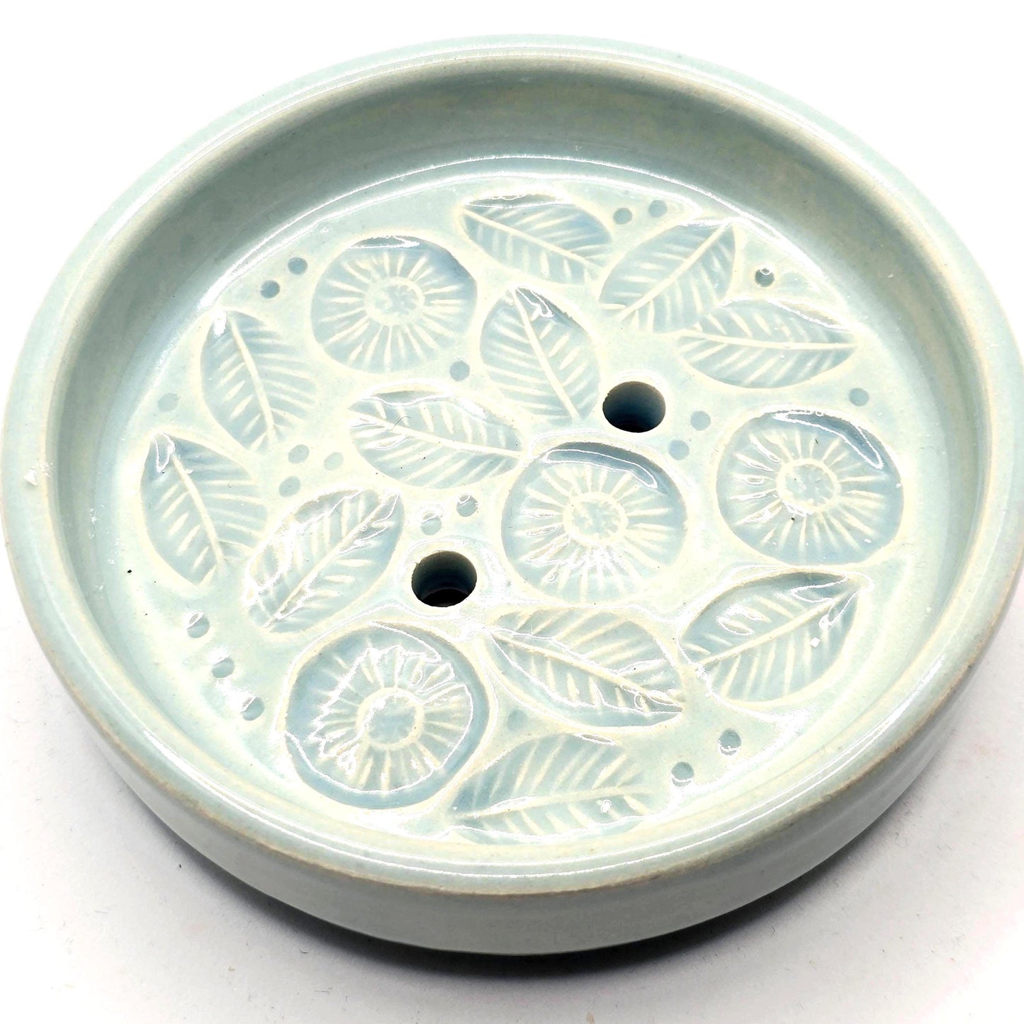 Handmade Ceramic Round Daisy Soap Dish. Pretty Pale Blue Glaze. Stoneware Pottery