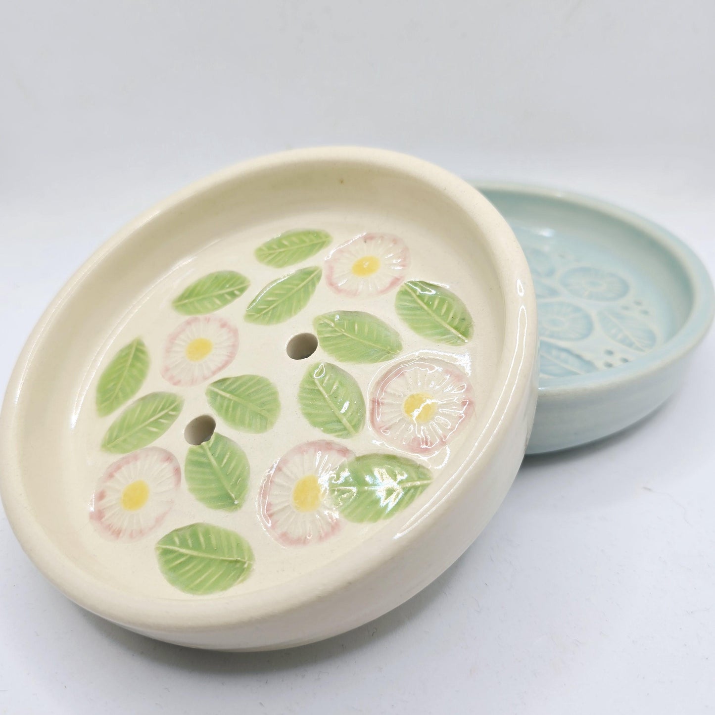 Handmade Ceramic Round Daisy Soap Dish.  Green Pink and Yellow Glaze. Stoneware Pottery