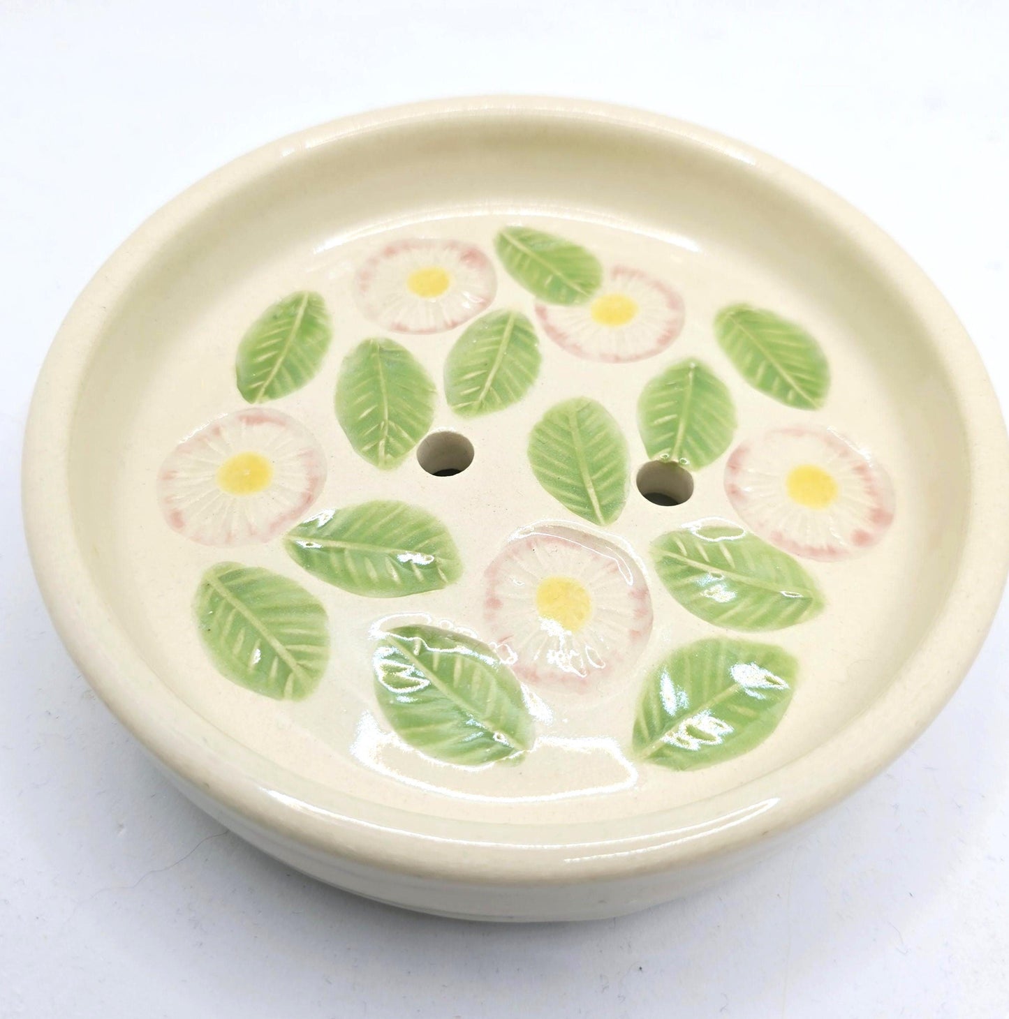 Handmade Ceramic Round Daisy Soap Dish.  Green Pink and Yellow Glaze. Stoneware Pottery