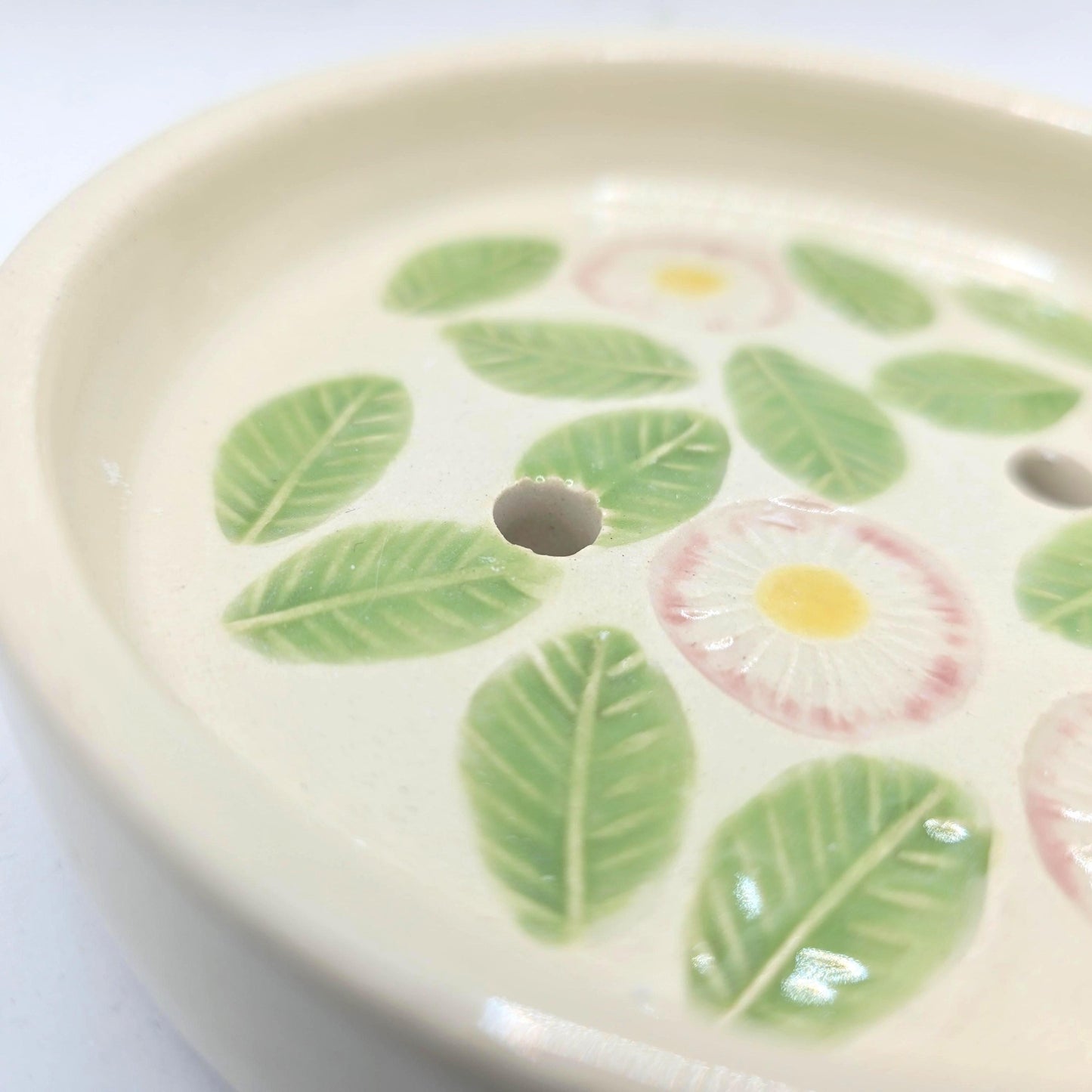 Handmade Ceramic Round Daisy Soap Dish.  Green Pink and Yellow Glaze. Stoneware Pottery