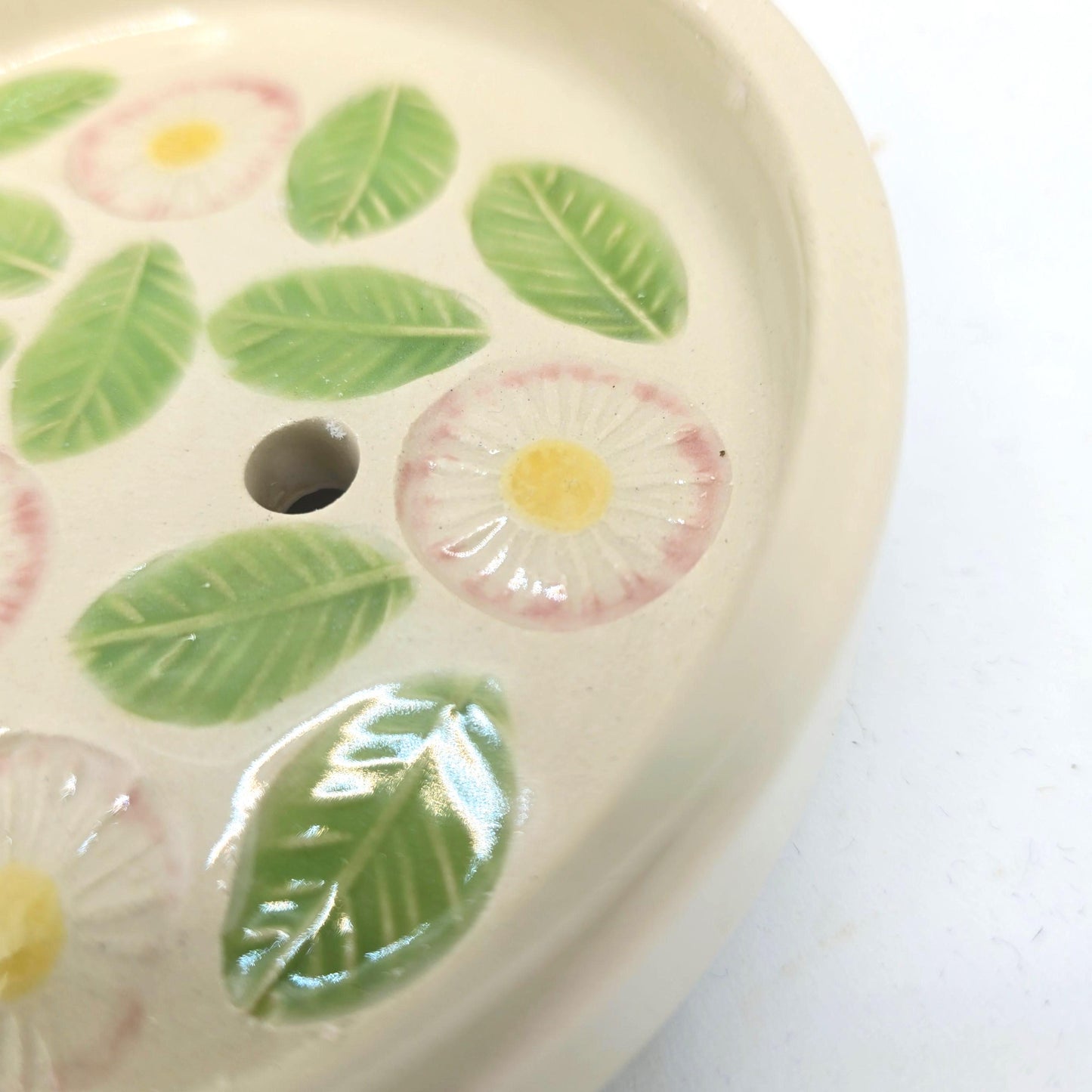 Handmade Ceramic Round Daisy Soap Dish.  Green Pink and Yellow Glaze. Stoneware Pottery