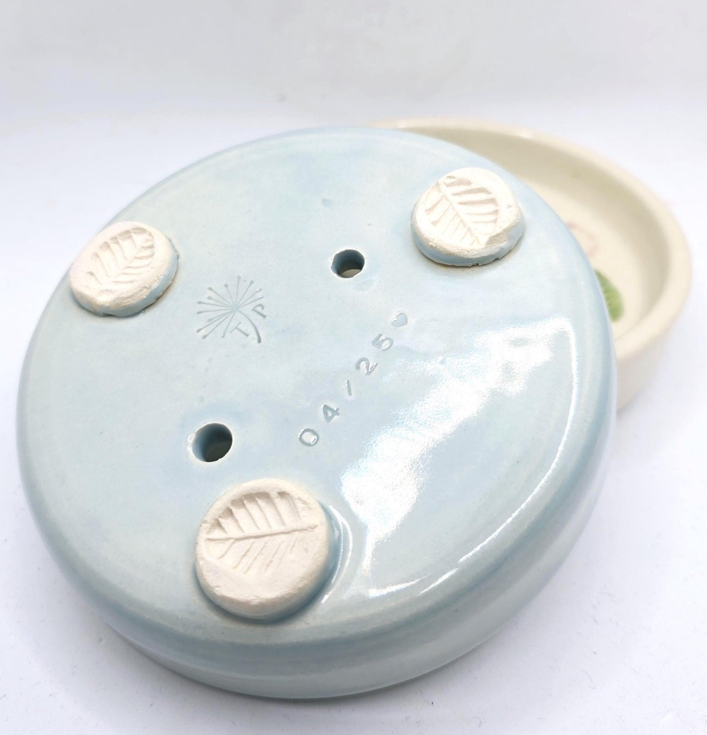 Handmade Ceramic Round Daisy Soap Dish. Pretty Pale Blue Glaze. Stoneware Pottery