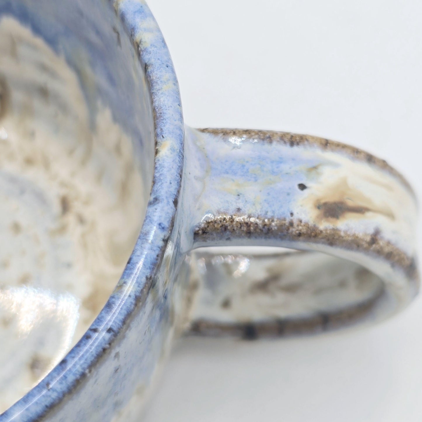 Handmade Ceramic Short 8oz Tea / Coffee Mug. Cream & Blue Speckle Glaze. Toasty Stoneware Pottery.