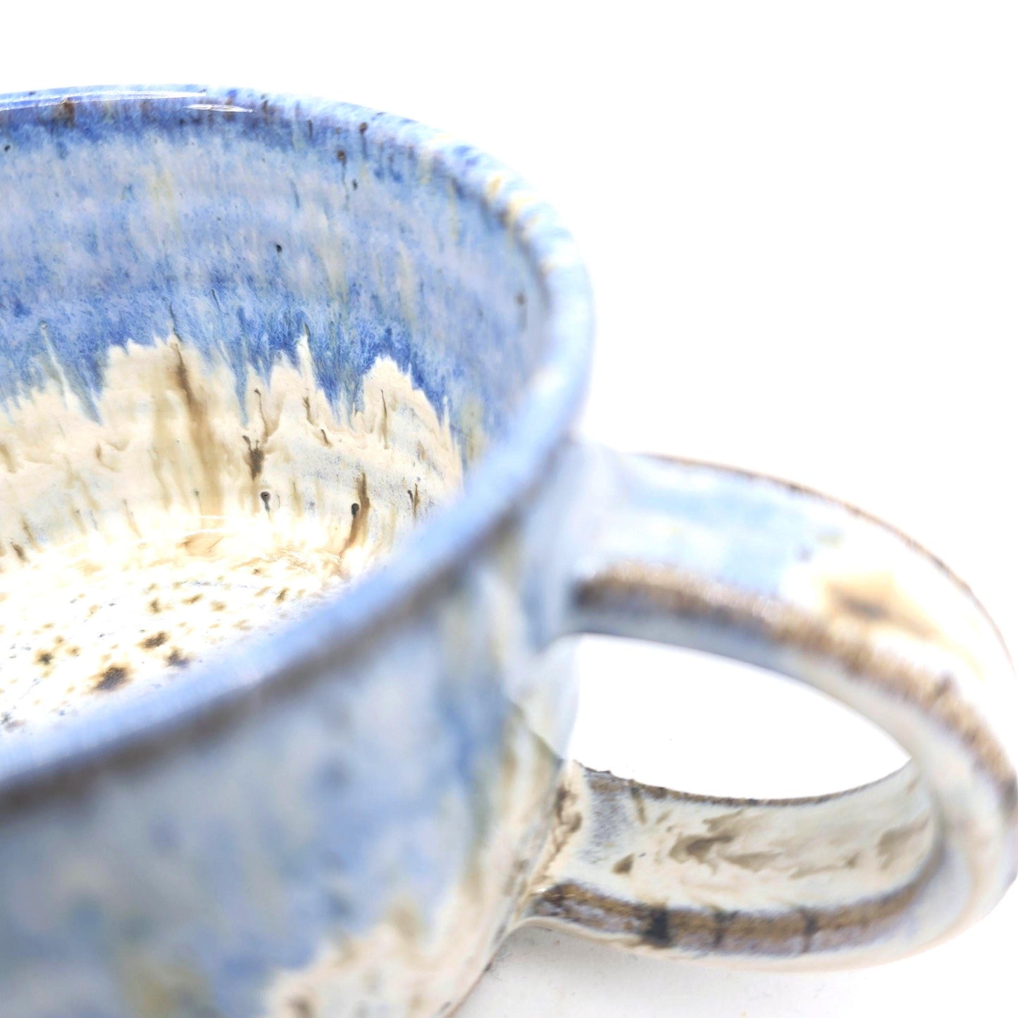 Handmade Ceramic Short 8oz Tea / Coffee Mug. Cream & Blue Speckle Glaze. Toasty Stoneware Pottery.