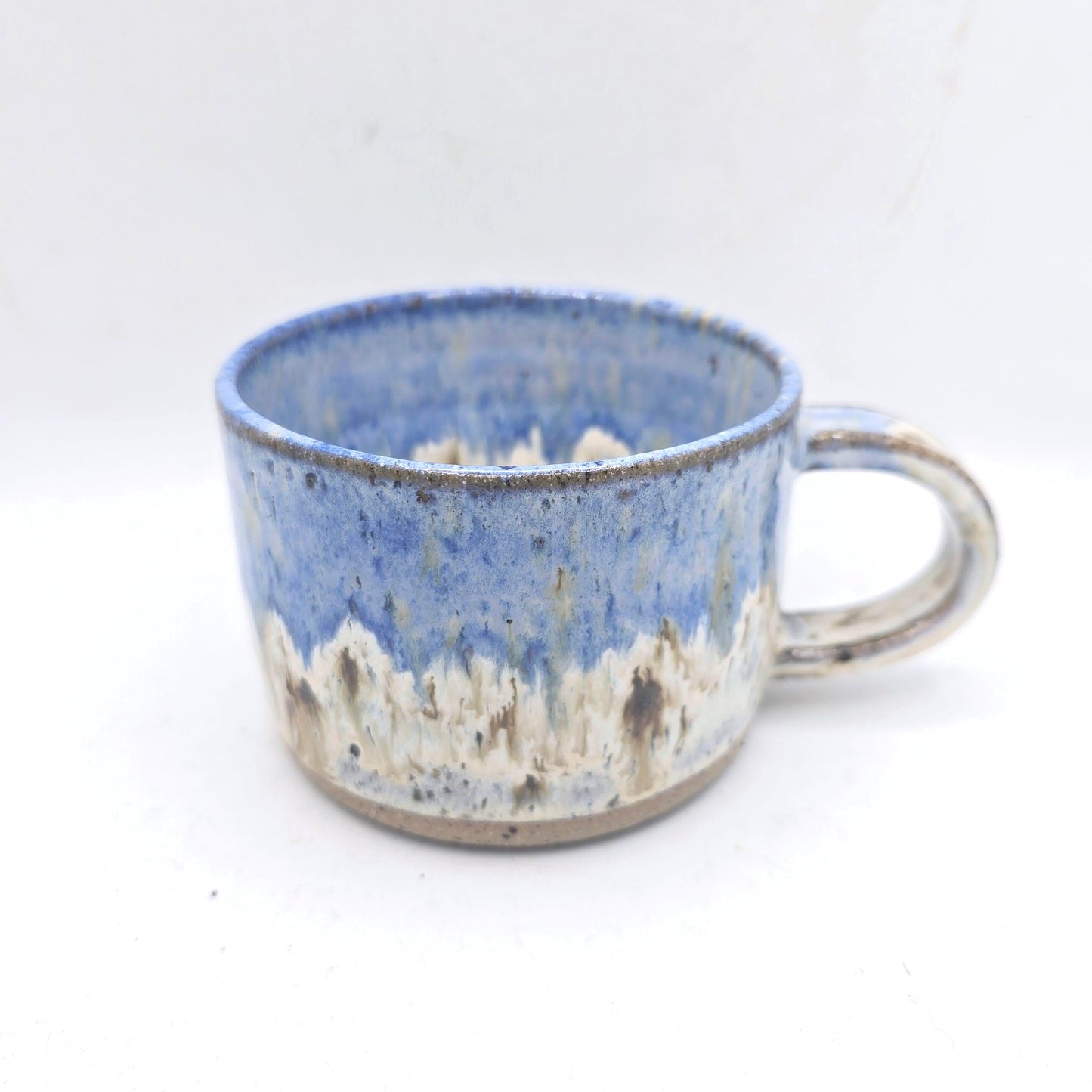 Handmade Ceramic Short 8oz Tea / Coffee Mug. Cream & Blue Speckle Glaze. Toasty Stoneware Pottery.
