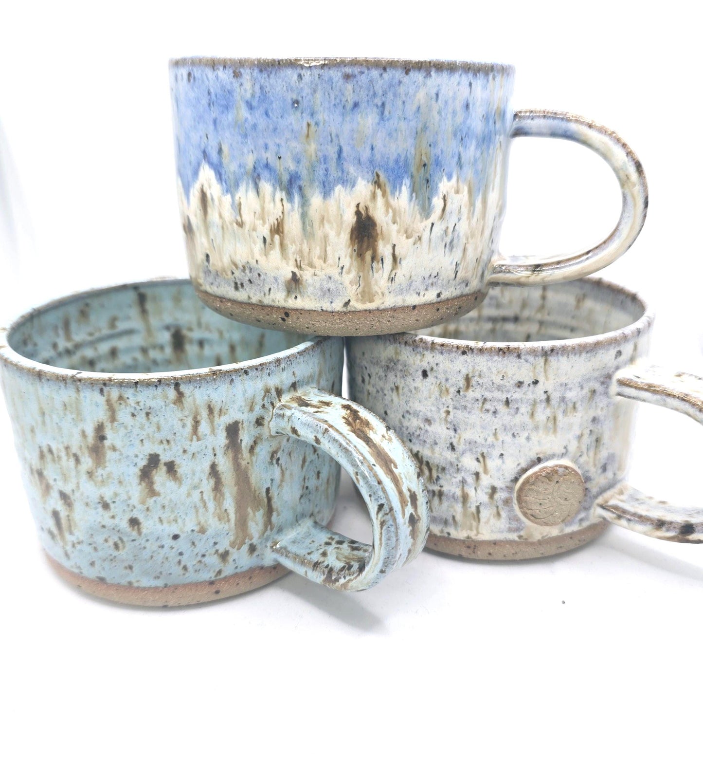 Handmade Ceramic Short 8oz Tea / Coffee Mug. Cream & Blue Speckle Glaze. Toasty Stoneware Pottery.