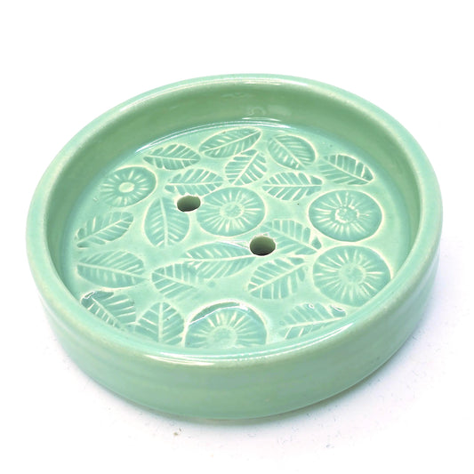 Handmade Ceramic Round Floral Soap Dish with Daisy design. Green Glaze. Stoneware Pottery