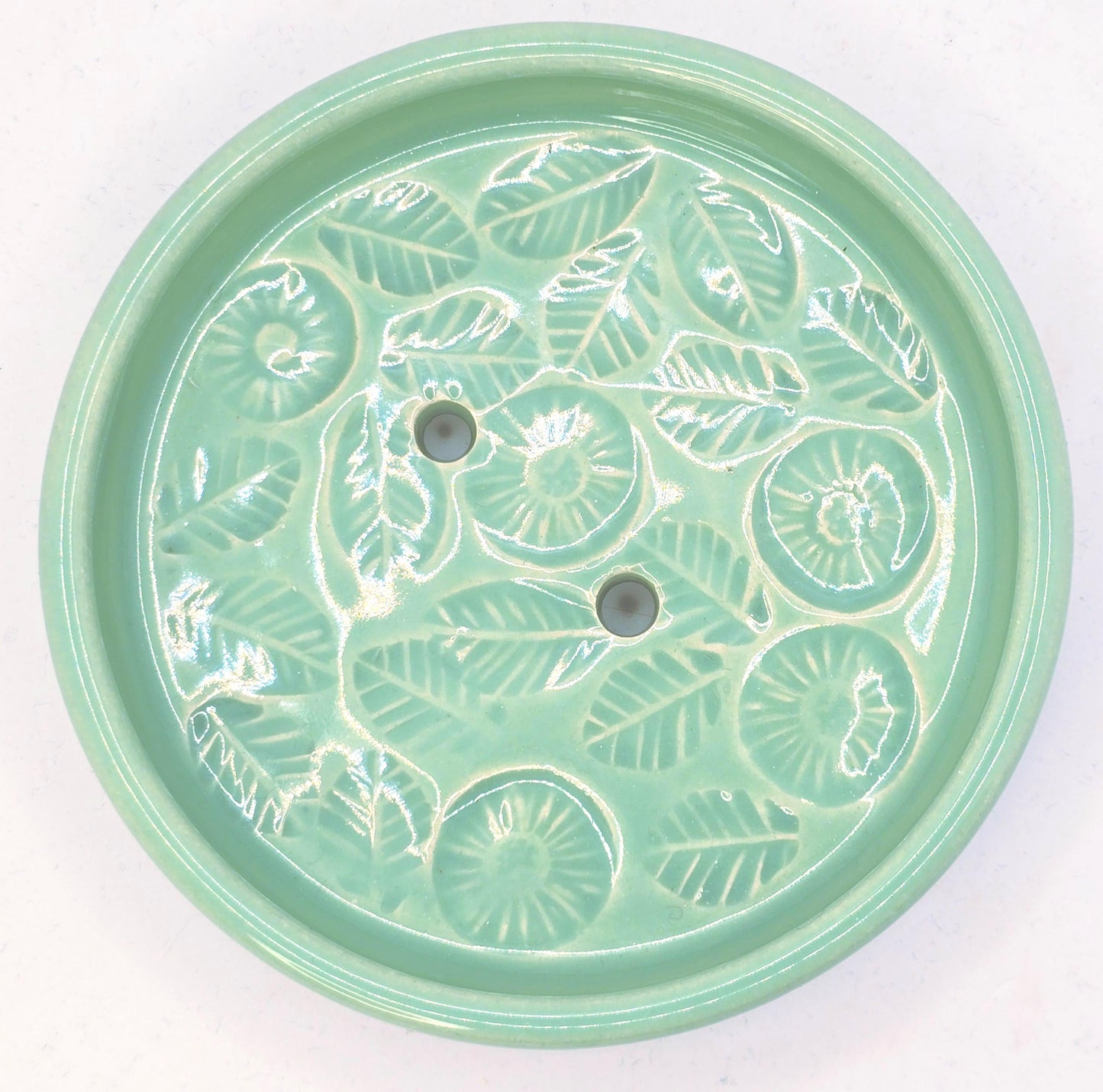 Handmade Ceramic Round Floral Soap Dish with Daisy design. Green Glaze. Stoneware Pottery