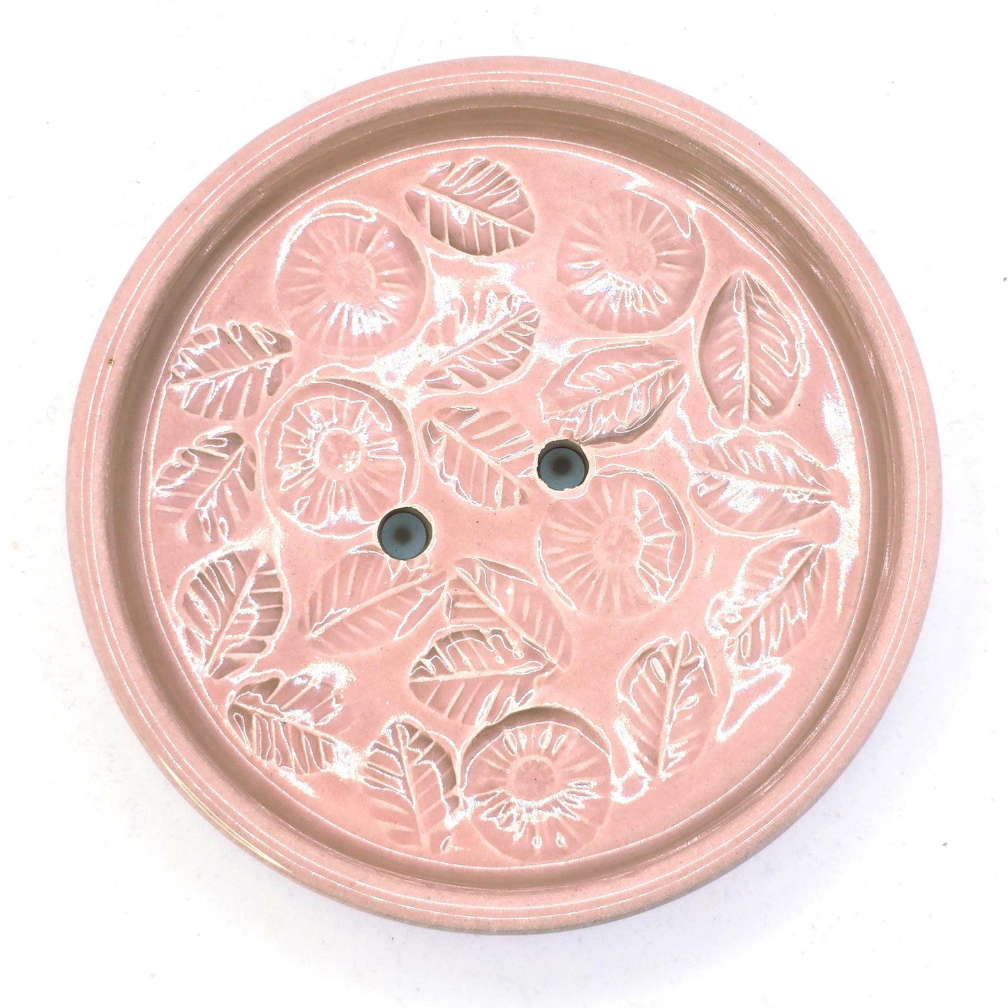 Handmade Ceramic Round Floral Soap Dish with Daisy design. Dusty Pink Glaze. Stoneware Pottery