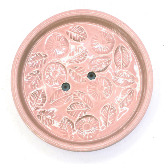 Handmade Ceramic Round Floral Soap Dish with Daisy design. Dusty Pink Glaze. Stoneware Pottery