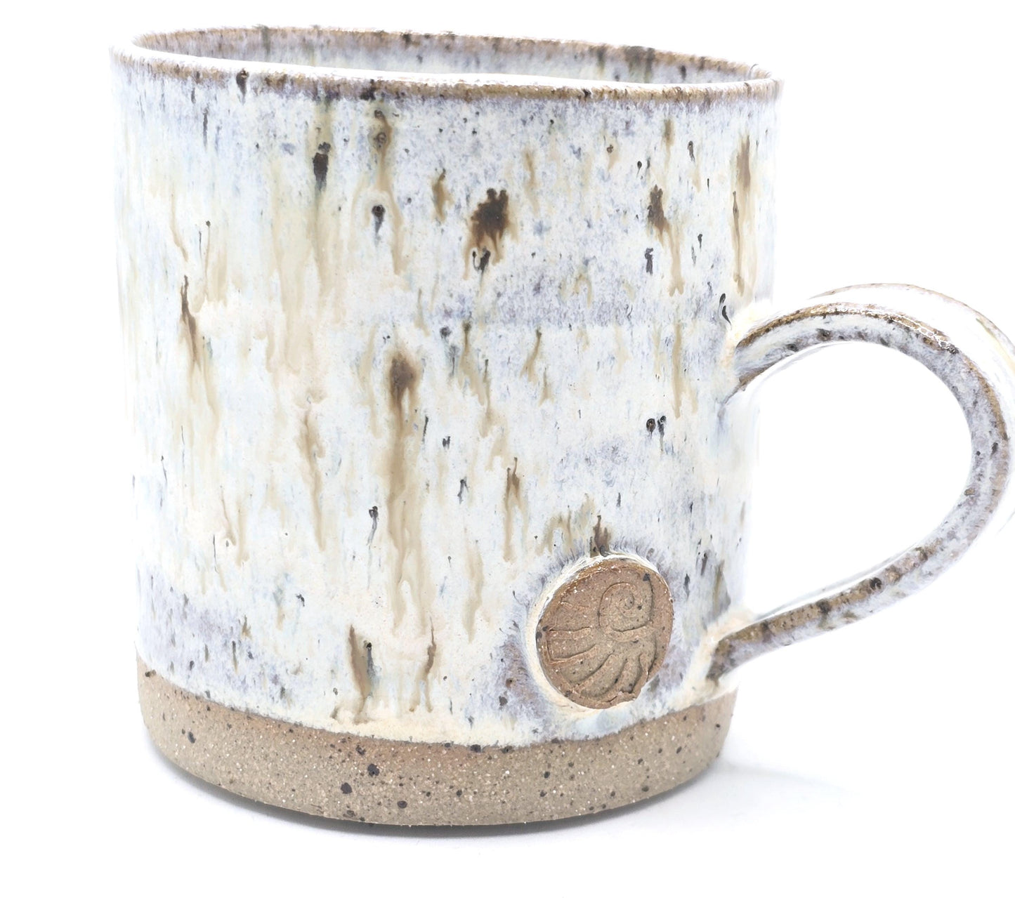 Handmade Ceramic 16oz Large Coffee/Tea Mug. Ammonite Sprig. Cream Speckled Glaze. Toasty Stoneware Pottery.