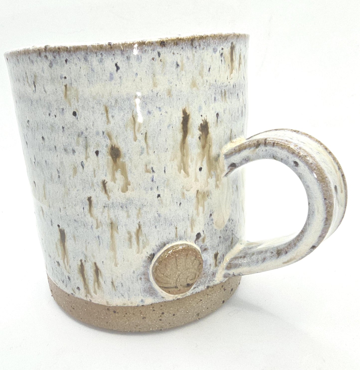 Handmade Ceramic 16oz Large Coffee/Tea Mug. Ammonite Sprig. Cream Speckled Glaze. Toasty Stoneware Pottery.
