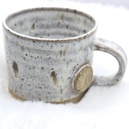 Handmade Ceramic 4oz Double Espresso Mug. Ammonite Sprig. Speckled Cream Glaze. Toasty Stoneware Pottery.