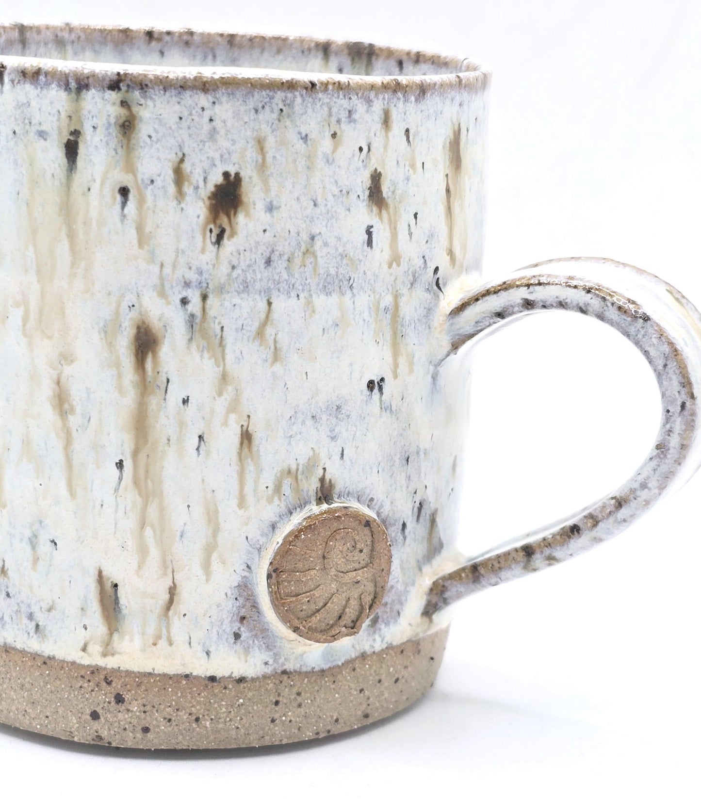 Handmade Ceramic 8oz Coffee/Tea Mug. Ammonite Sprig. Speckled Cream Glaze. Toasty Stoneware Pottery.