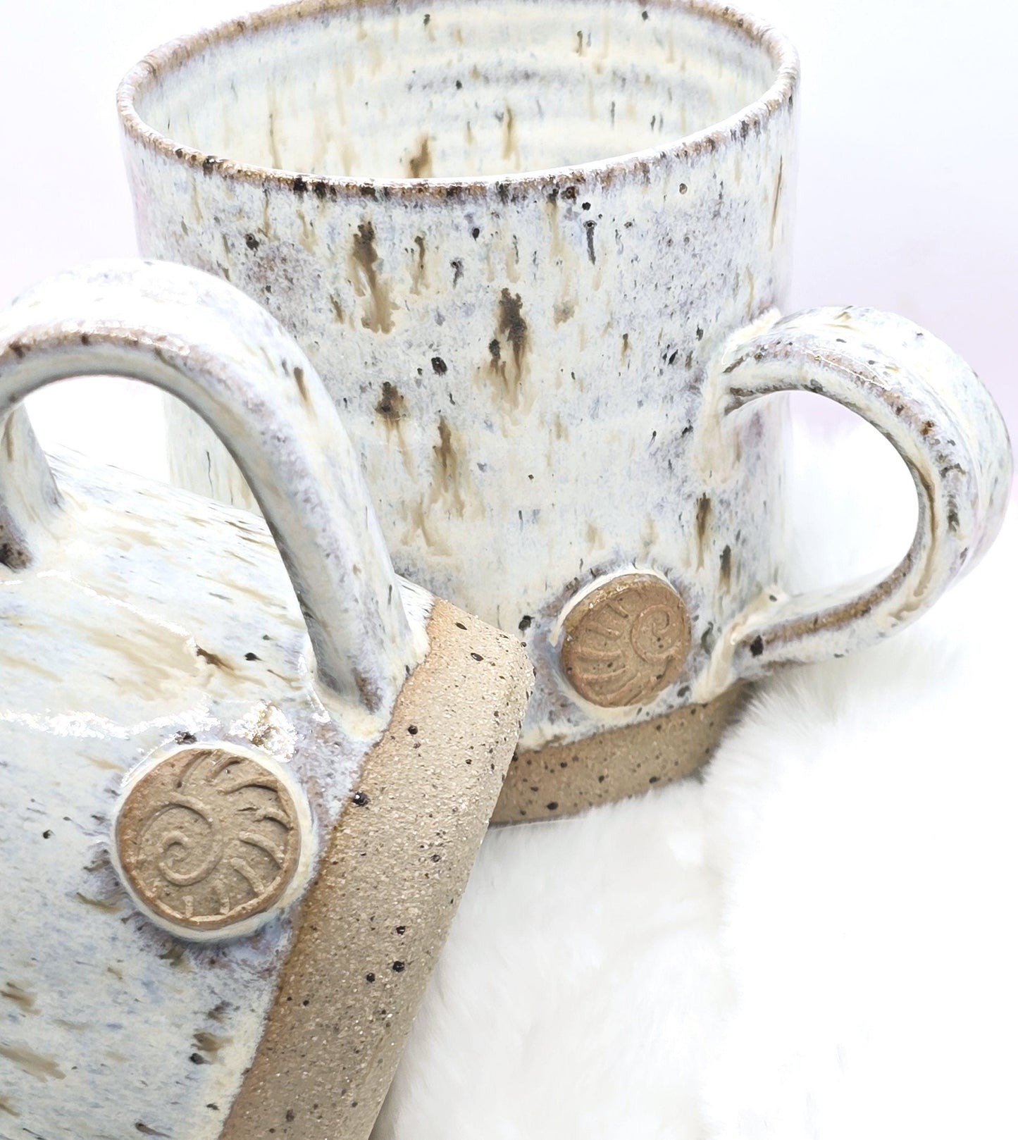 Handmade Ceramic 8oz Coffee/Tea Mug. Ammonite Sprig. Speckled Cream Glaze. Toasty Stoneware Pottery.