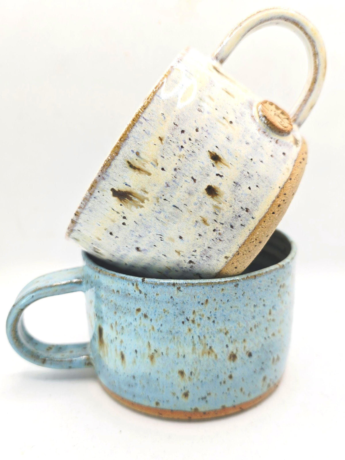 Handmade Ceramic 14oz Cappuccino Coffee Mug. Cream & Blue Speckled Glaze. Toasty Stoneware Pottery.