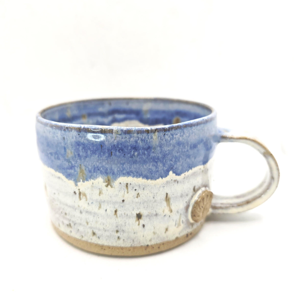 Handmade Ceramic 14oz Cappuccino Coffee Mug. Cream & Blue Speckled Glaze. Toasty Stoneware Pottery.
