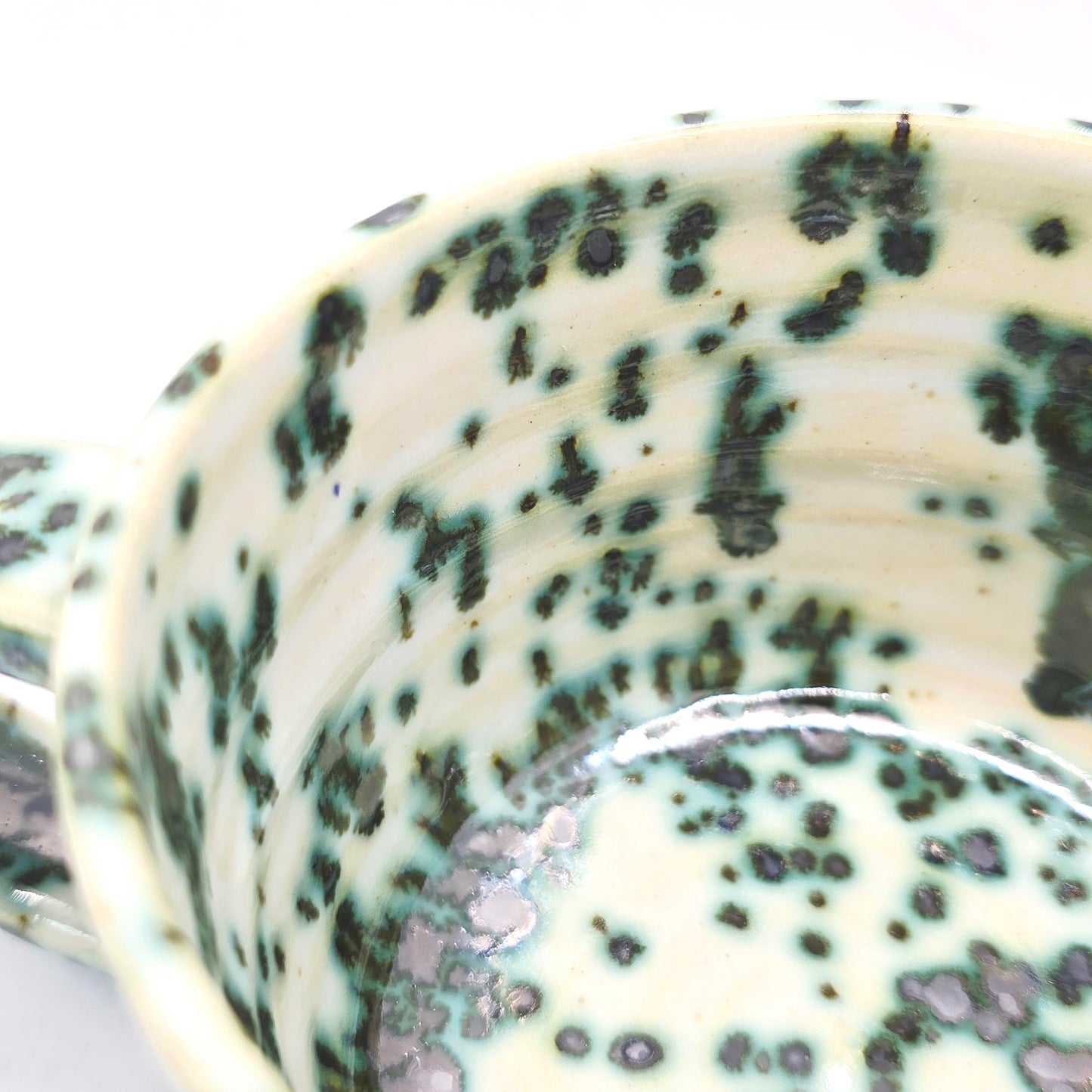 Handmade Ceramic 8oz Coffee Mug: Cream & Green Splatter Glaze. Stoneware Pottery