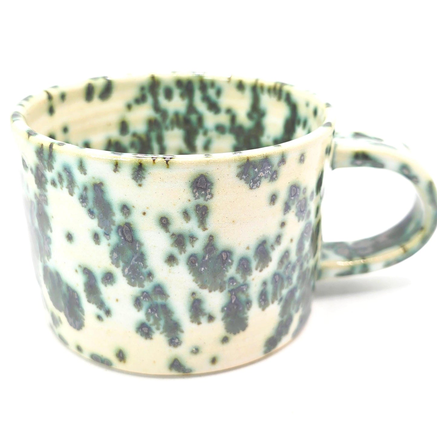Handmade Ceramic 8oz Coffee Mug: Cream & Green Splatter Glaze. Stoneware Pottery