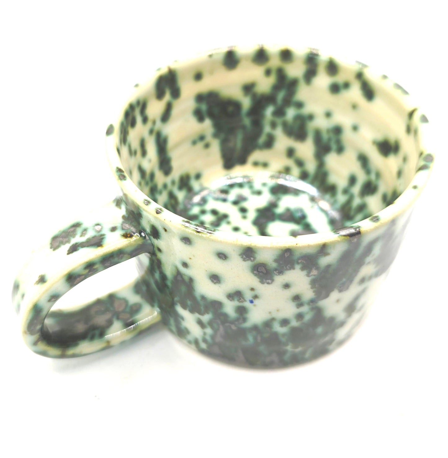Handmade Ceramic 8oz Coffee Mug: Cream & Green Splatter Glaze. Stoneware Pottery