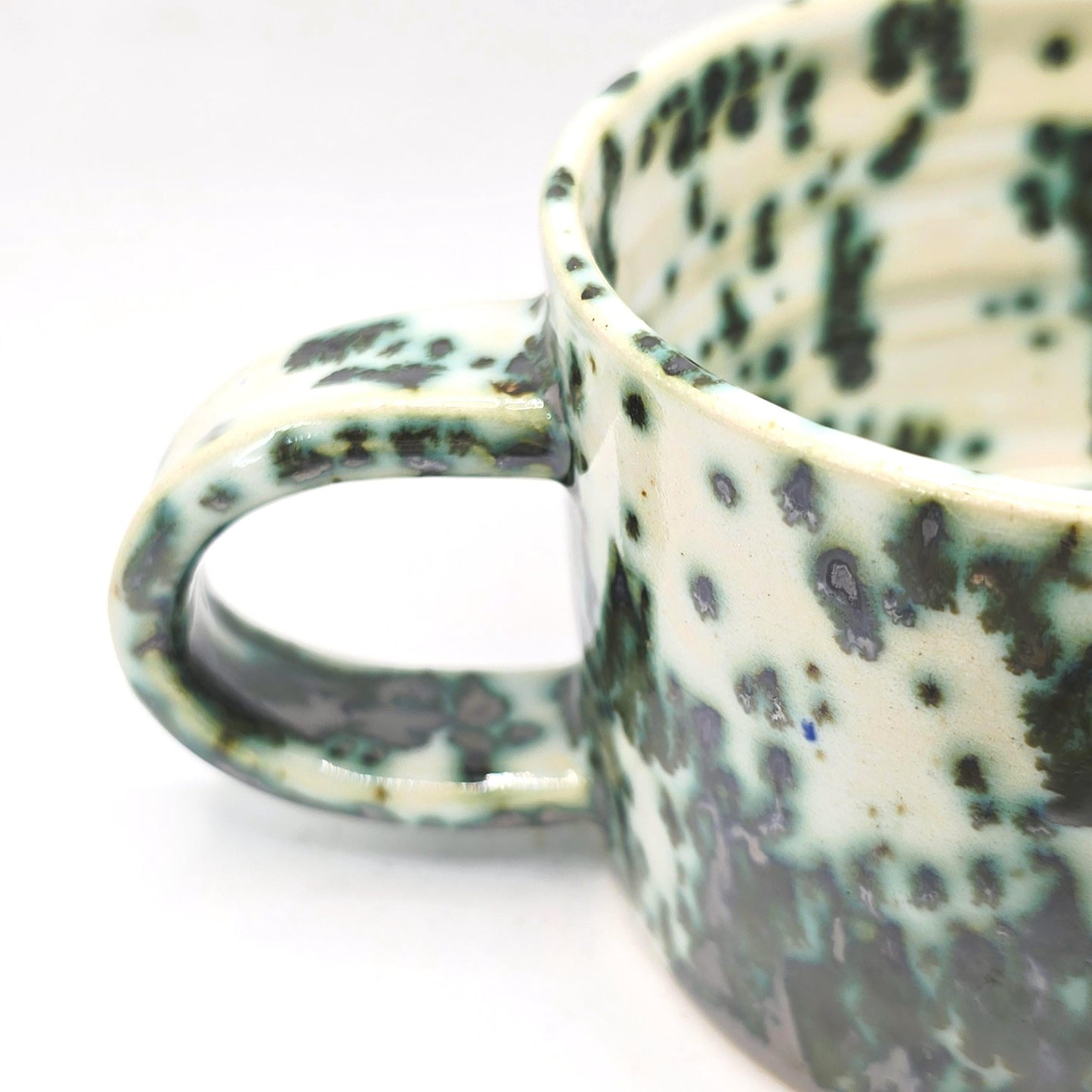 Handmade Ceramic 8oz Coffee Mug: Cream & Green Splatter Glaze. Stoneware Pottery