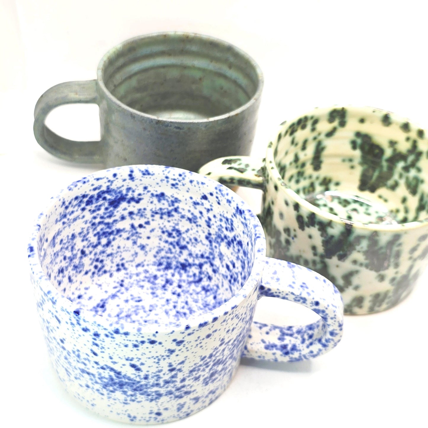 Handmade Ceramic 8oz Coffee Mug: Cream & Green Splatter Glaze. Stoneware Pottery