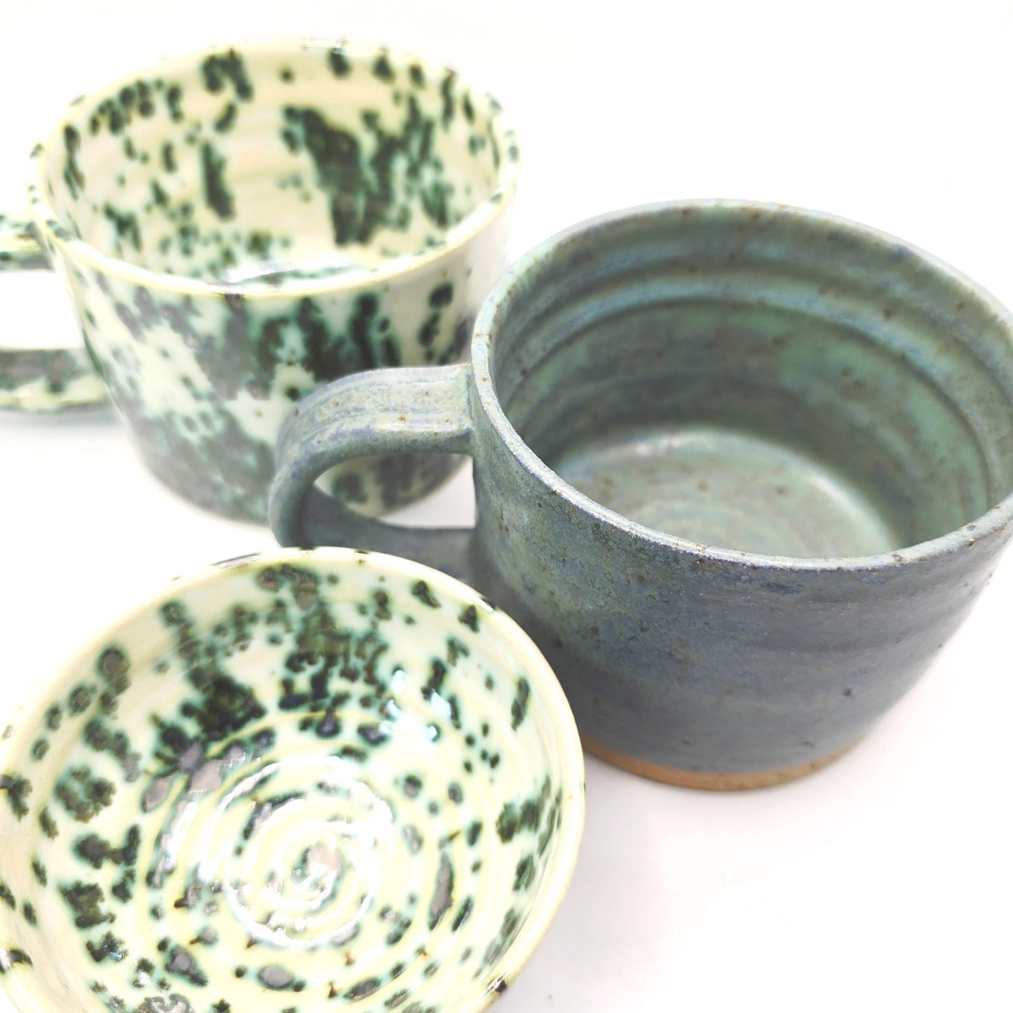 Handmade Ceramic 8oz Coffee Mug: Cream & Green Splatter Glaze. Stoneware Pottery