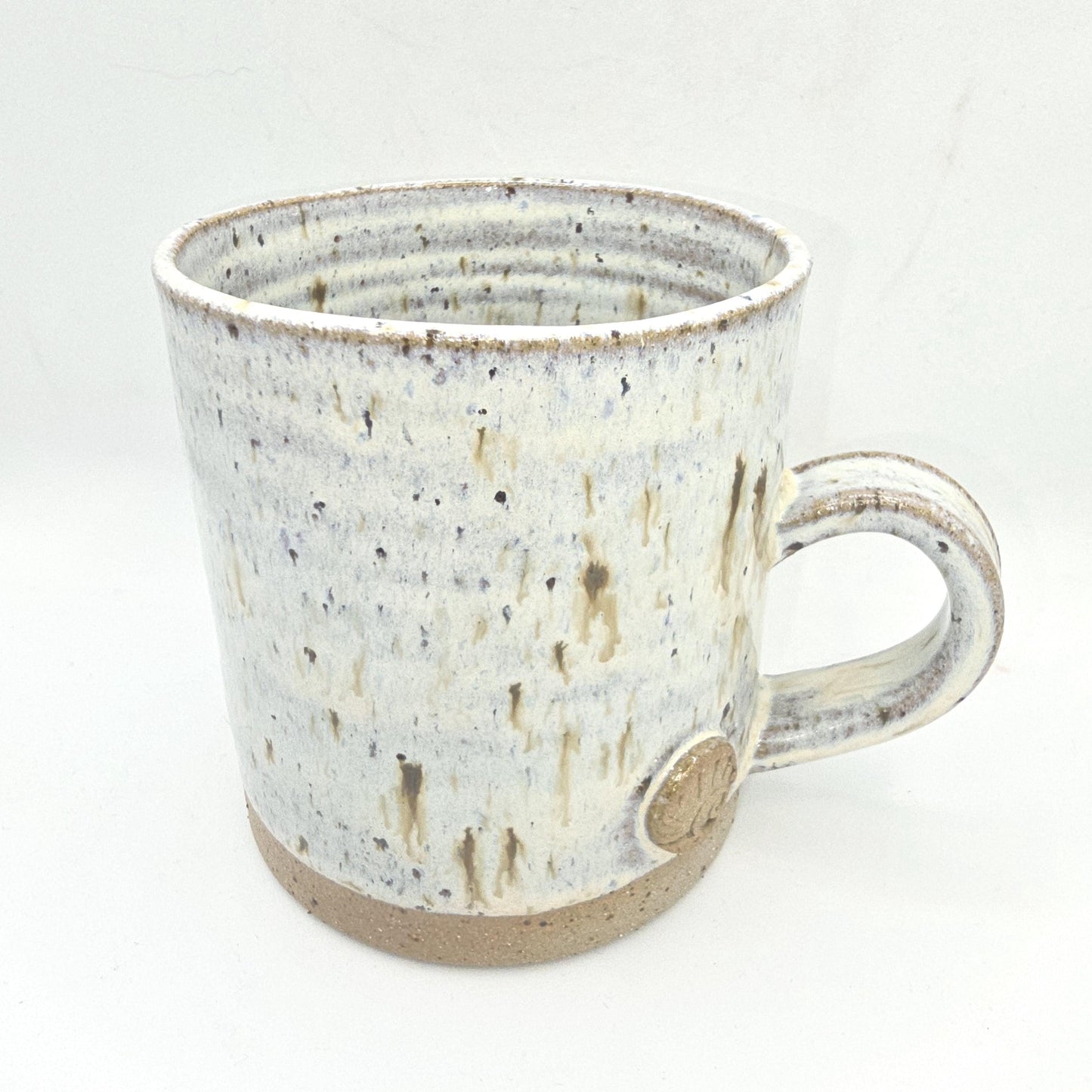 Handmade Ceramic 16oz Large Coffee/Tea Mug. Ammonite Sprig. Cream Speckled Glaze. Toasty Stoneware Pottery.
