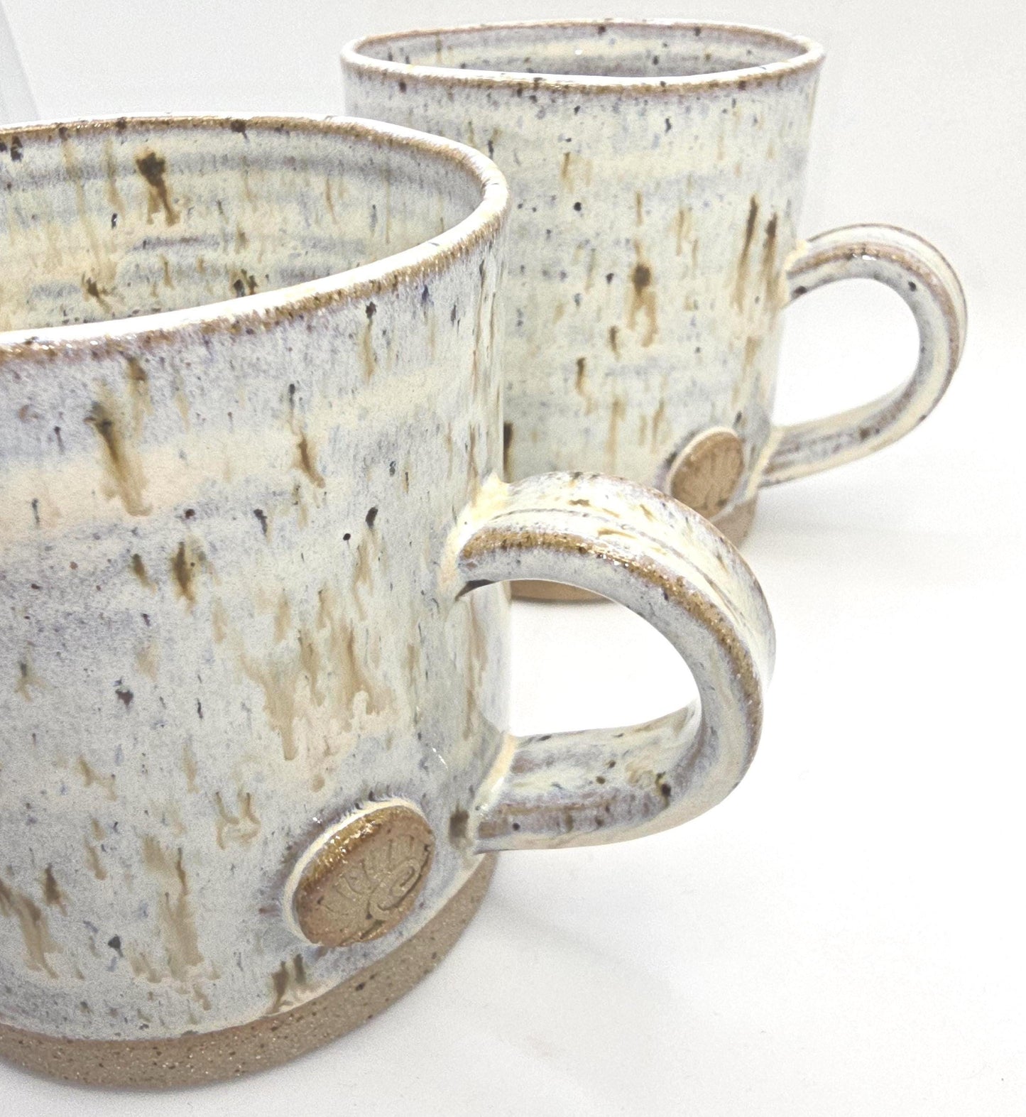 Handmade Ceramic 16oz Large Coffee/Tea Mug. Ammonite Sprig. Cream Speckled Glaze. Toasty Stoneware Pottery.