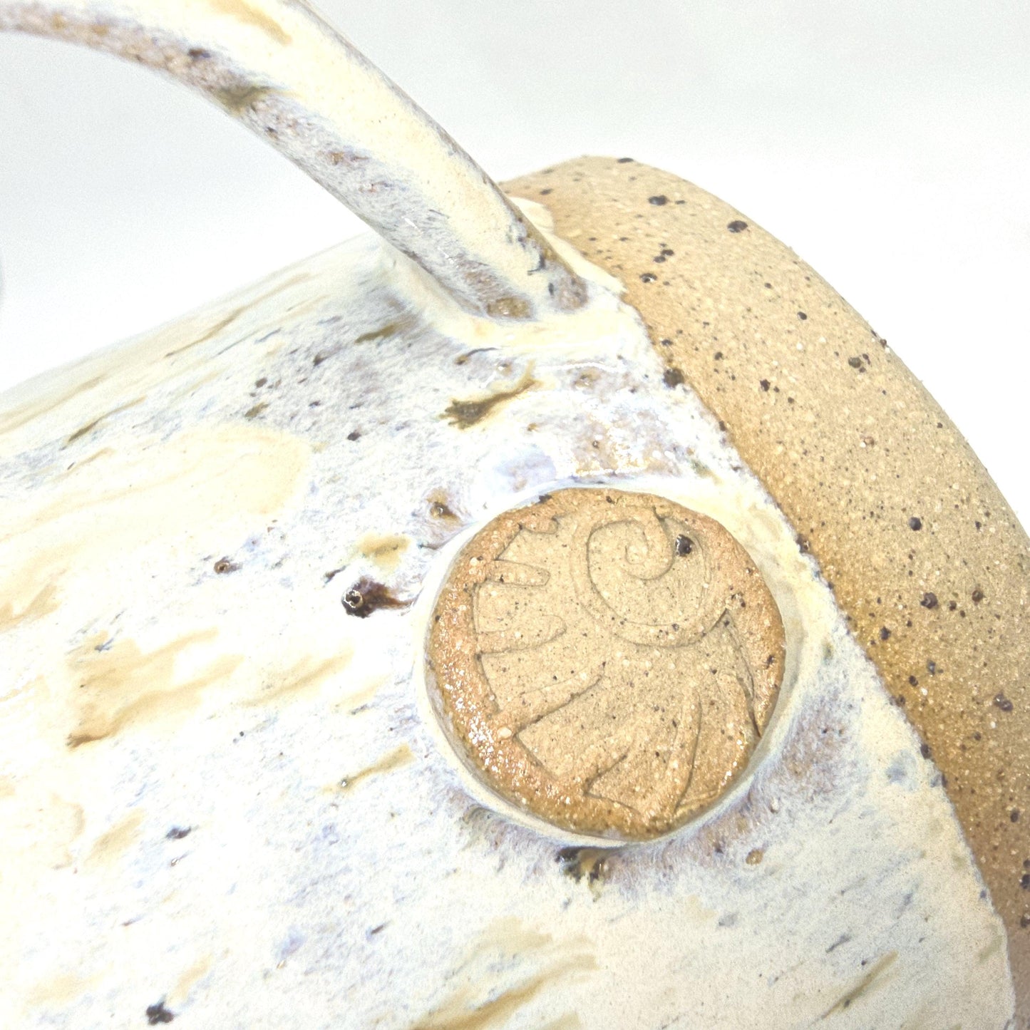 Handmade Ceramic 16oz Large Coffee/Tea Mug. Ammonite Sprig. Cream Speckled Glaze. Toasty Stoneware Pottery.