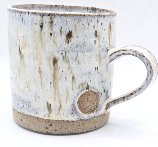Handmade Ceramic 8oz Coffee/Tea Mug. Ammonite Sprig. Speckled Cream Glaze. Toasty Stoneware Pottery.