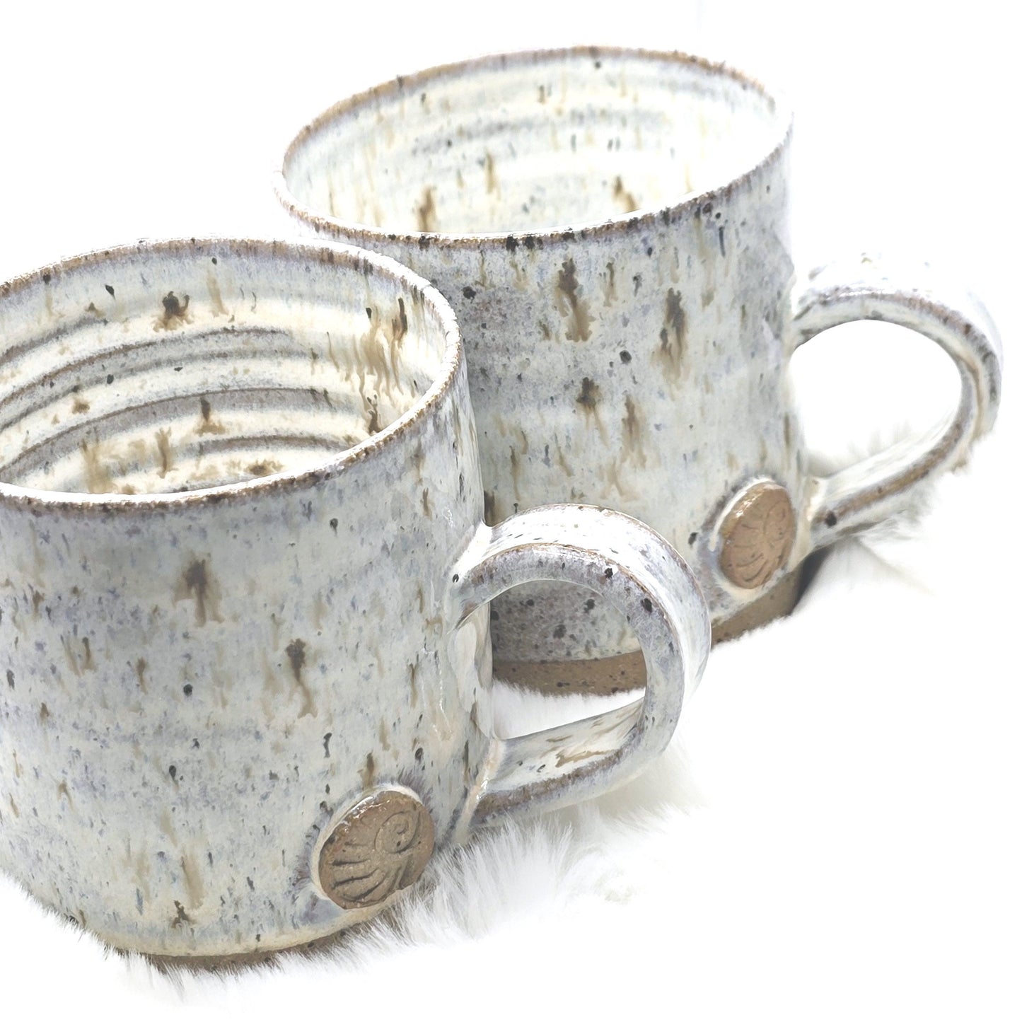 Handmade Ceramic 8oz Coffee/Tea Mug. Ammonite Sprig. Speckled Cream Glaze. Toasty Stoneware Pottery.