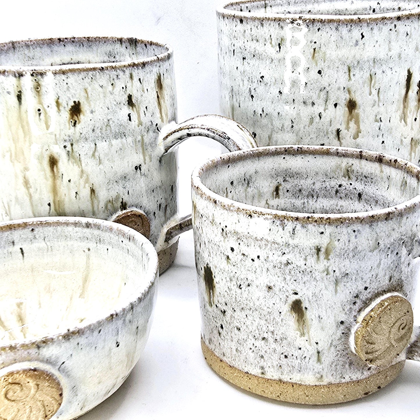 Handmade Ceramic 8oz Coffee/Tea Mug. Ammonite Sprig. Speckled Cream Glaze. Toasty Stoneware Pottery.